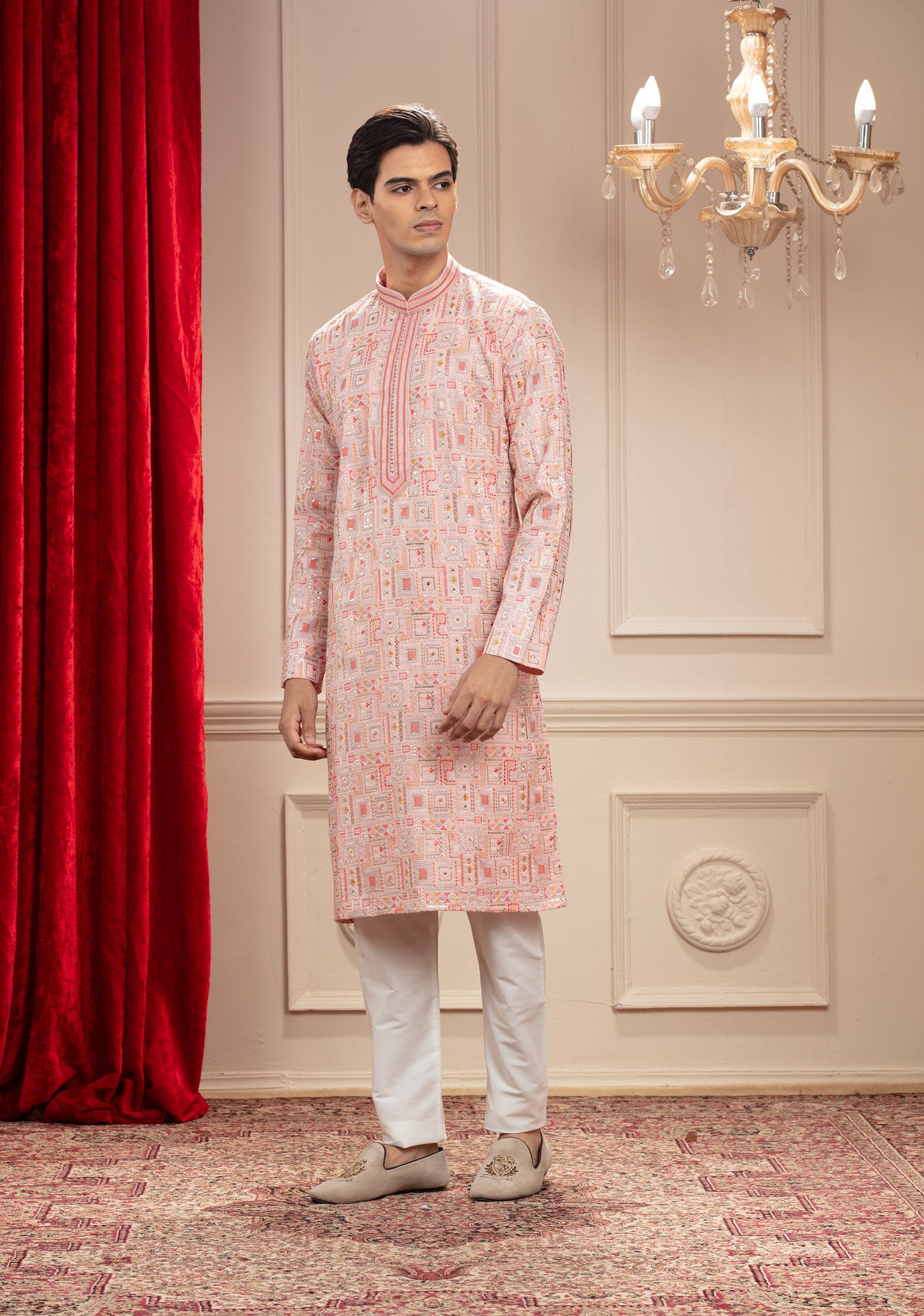 Multicolour kurta with computer embroidery and white pajama