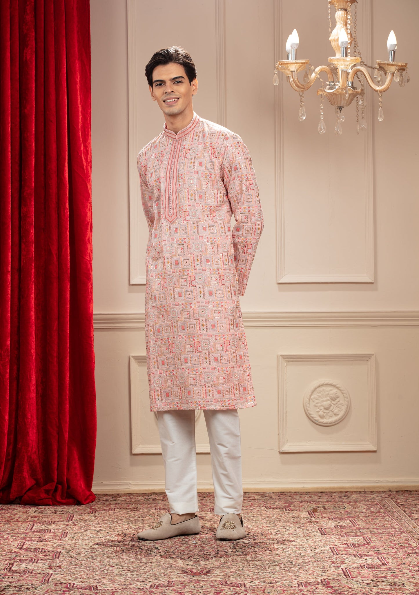 Multicolour kurta with computer embroidery and white pajama