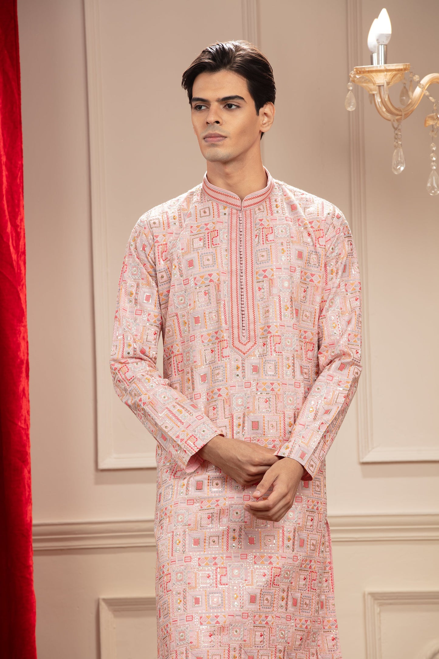 Multicolour kurta with computer embroidery and white pajama