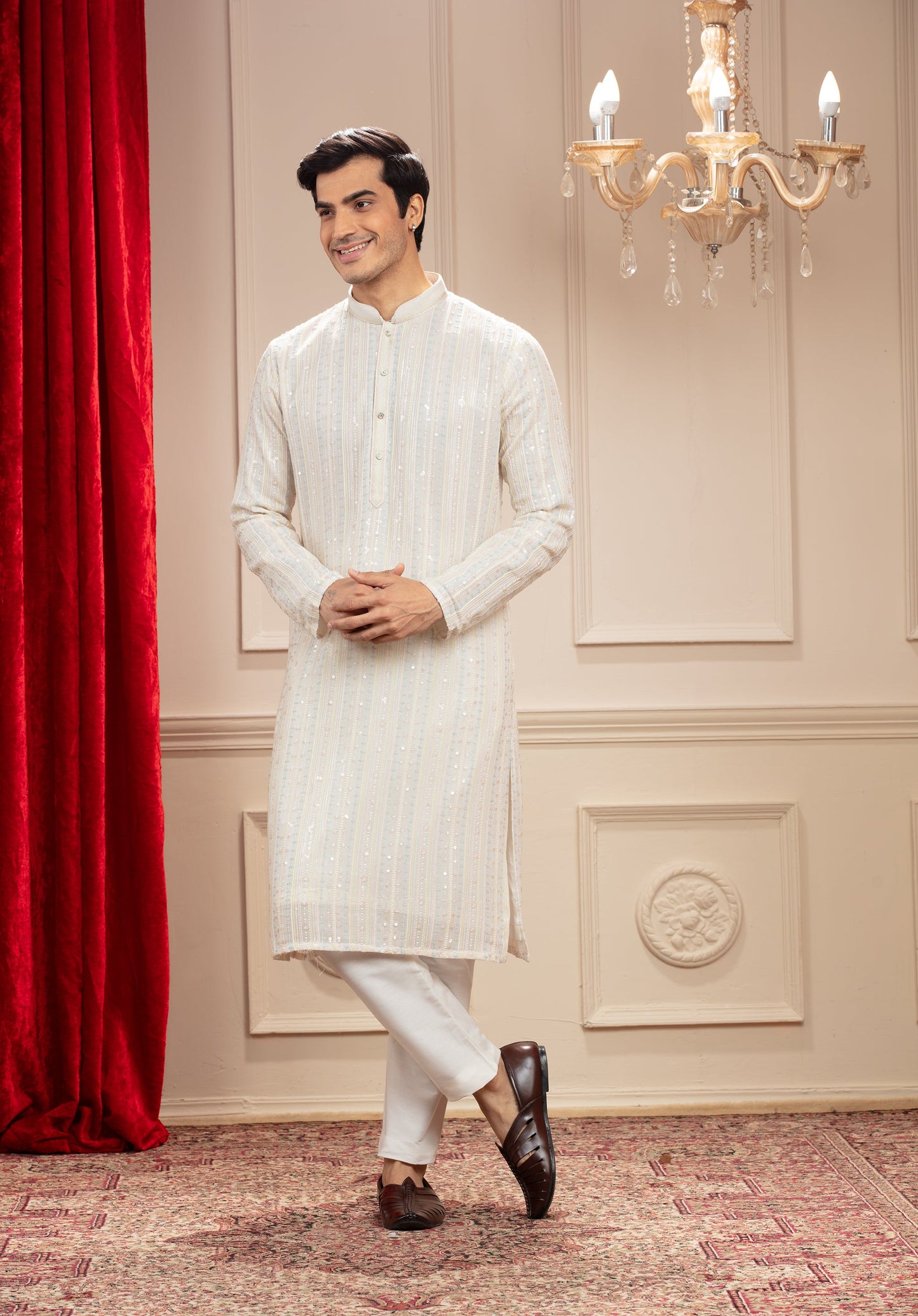 Cream White kurta pajama Set with all over sequin work