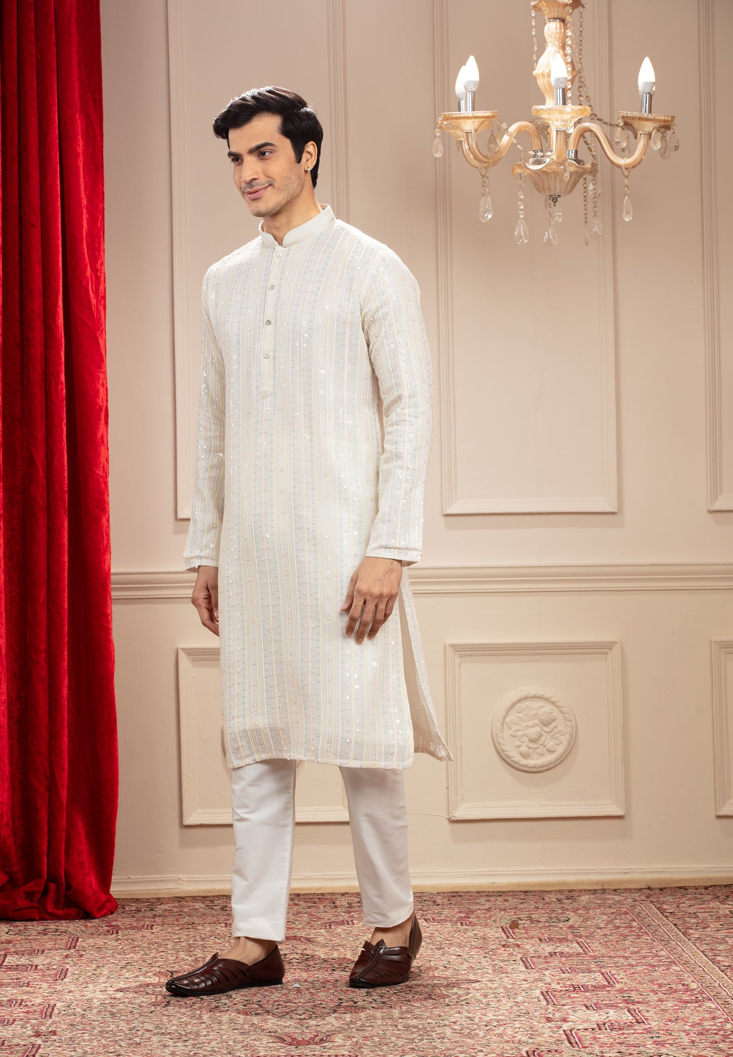 Cream White kurta pajama Set with all over sequin work