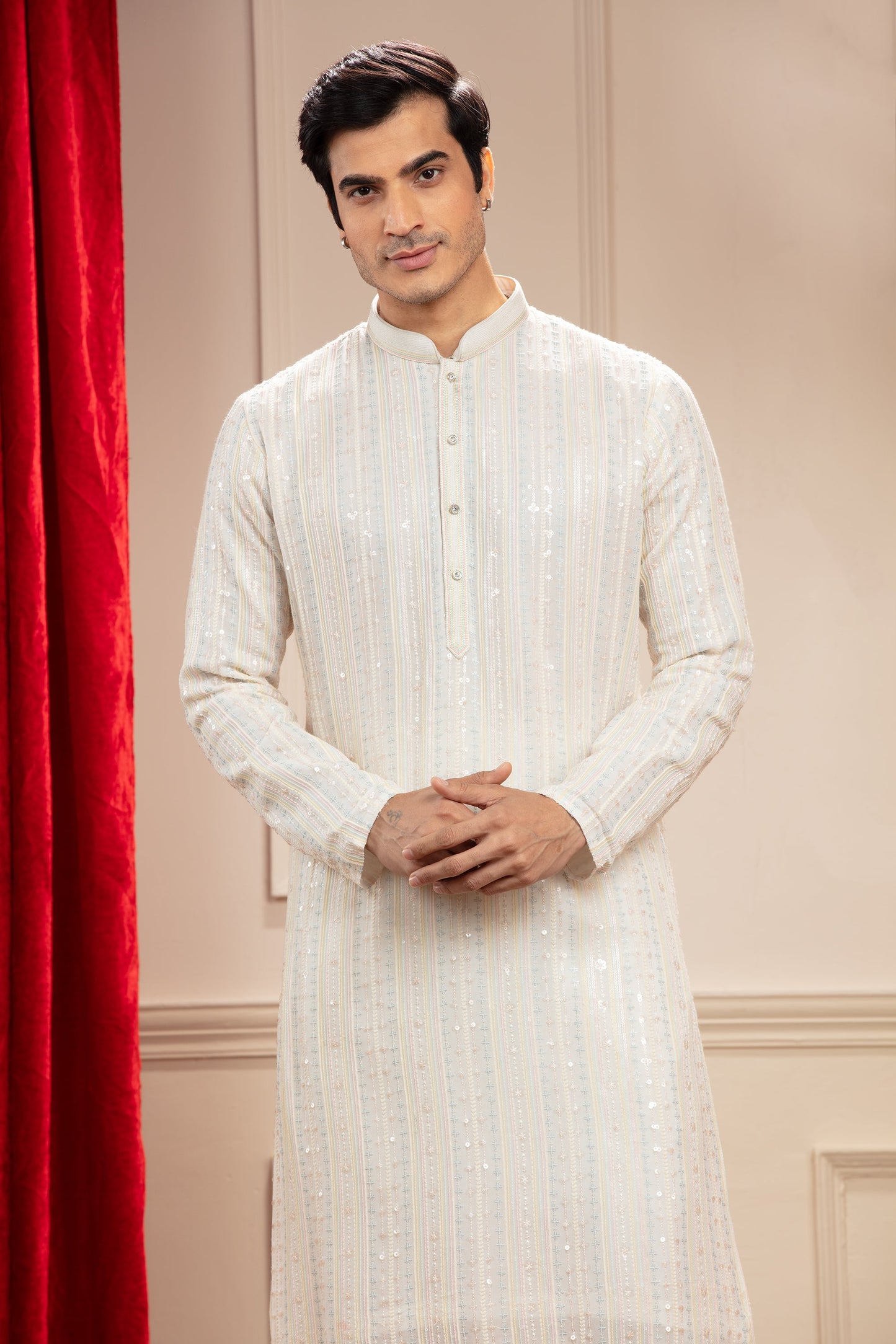 Cream White kurta pajama Set with all over sequin work