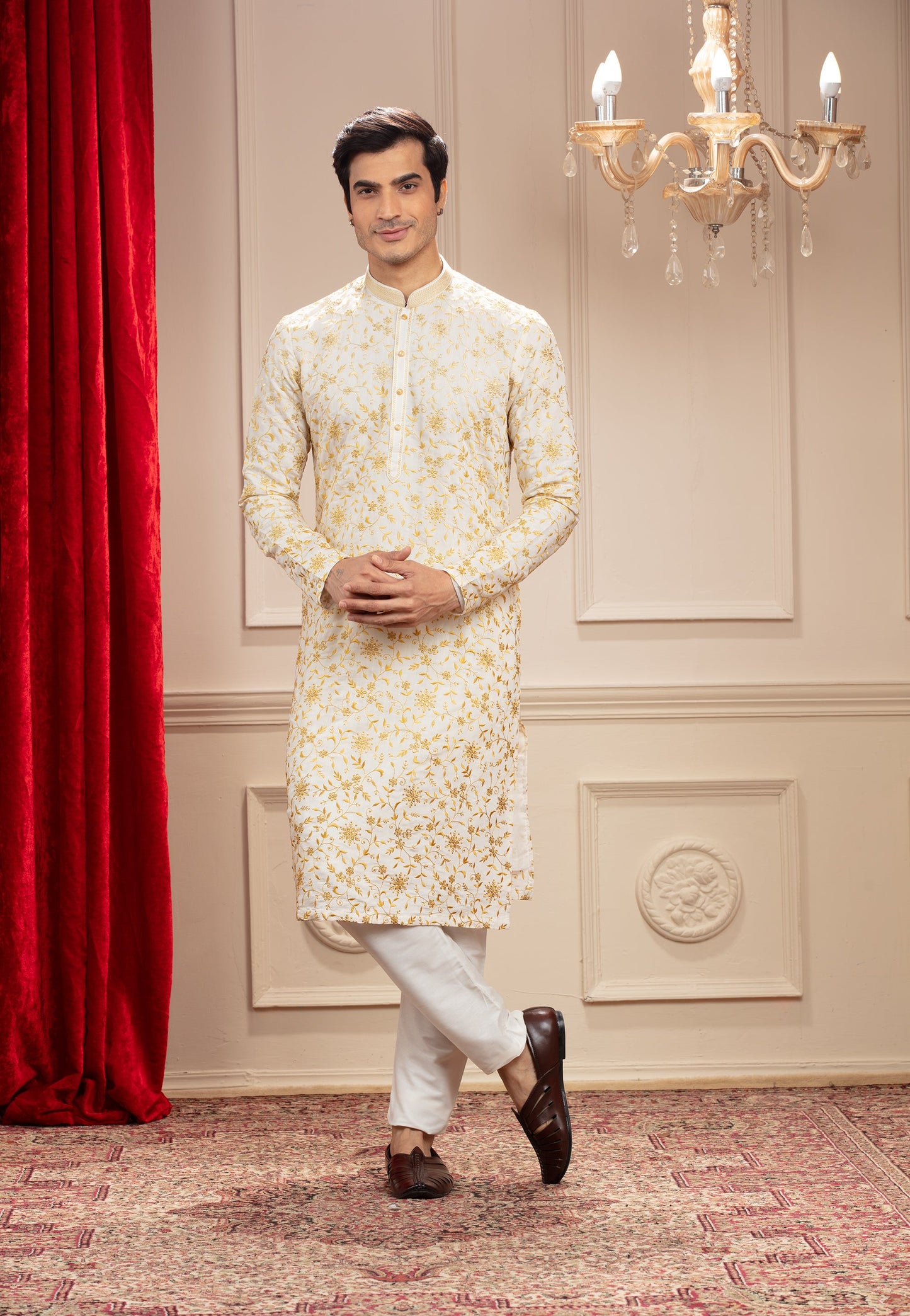 Milky White and golden kurta pajama with all over resham work