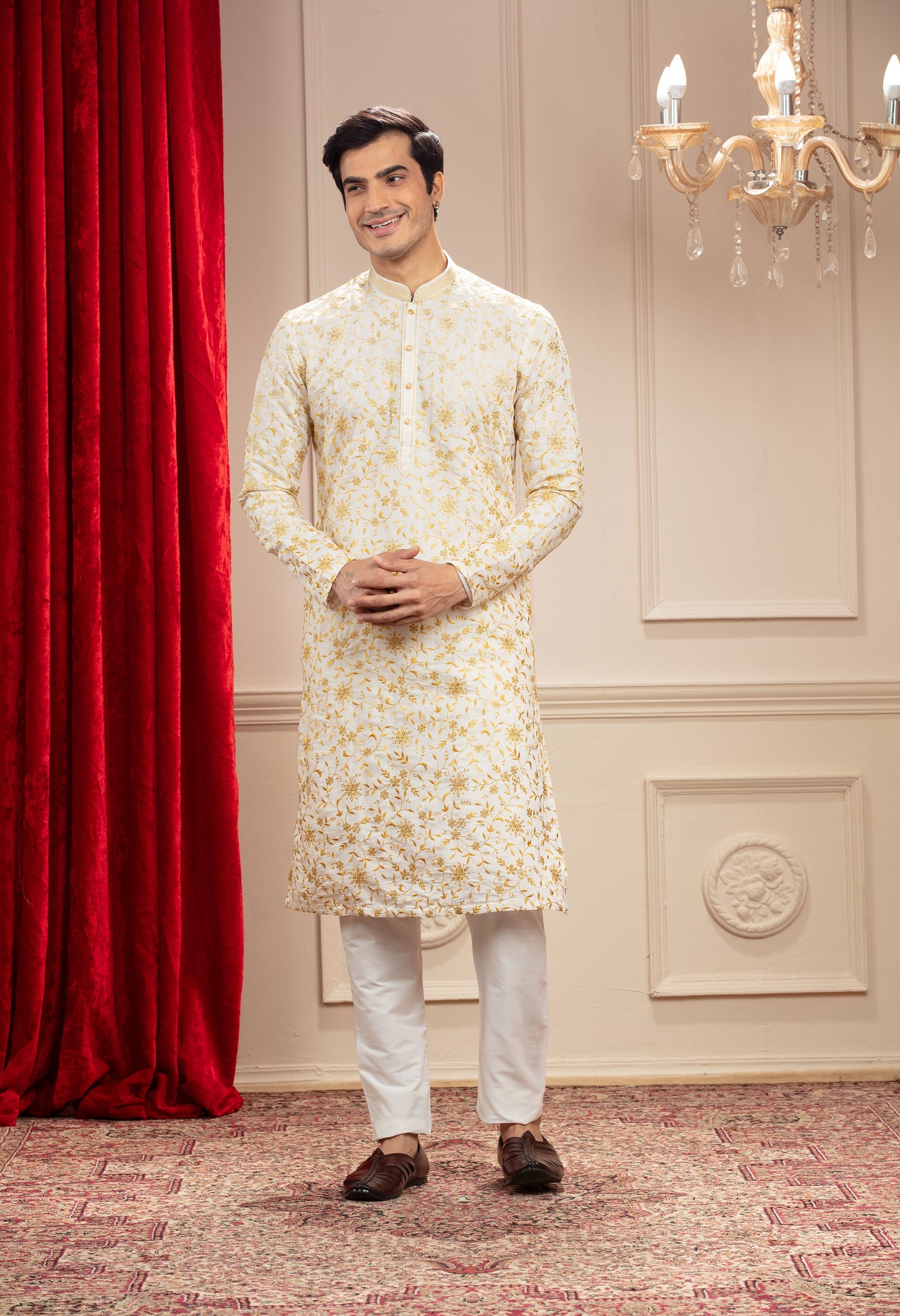 Milky White and golden kurta pajama with all over resham work