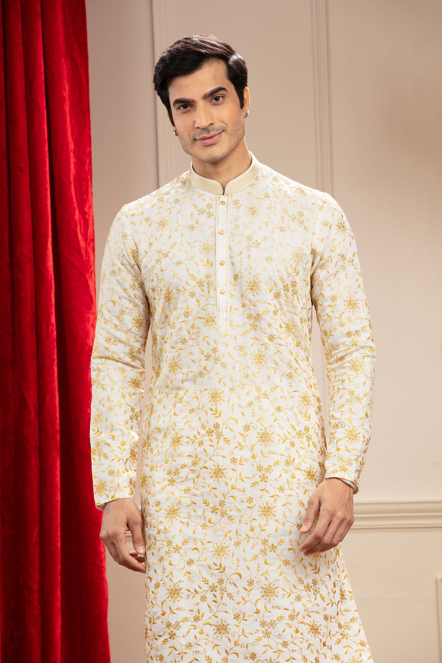 Milky White and golden kurta pajama with all over resham work