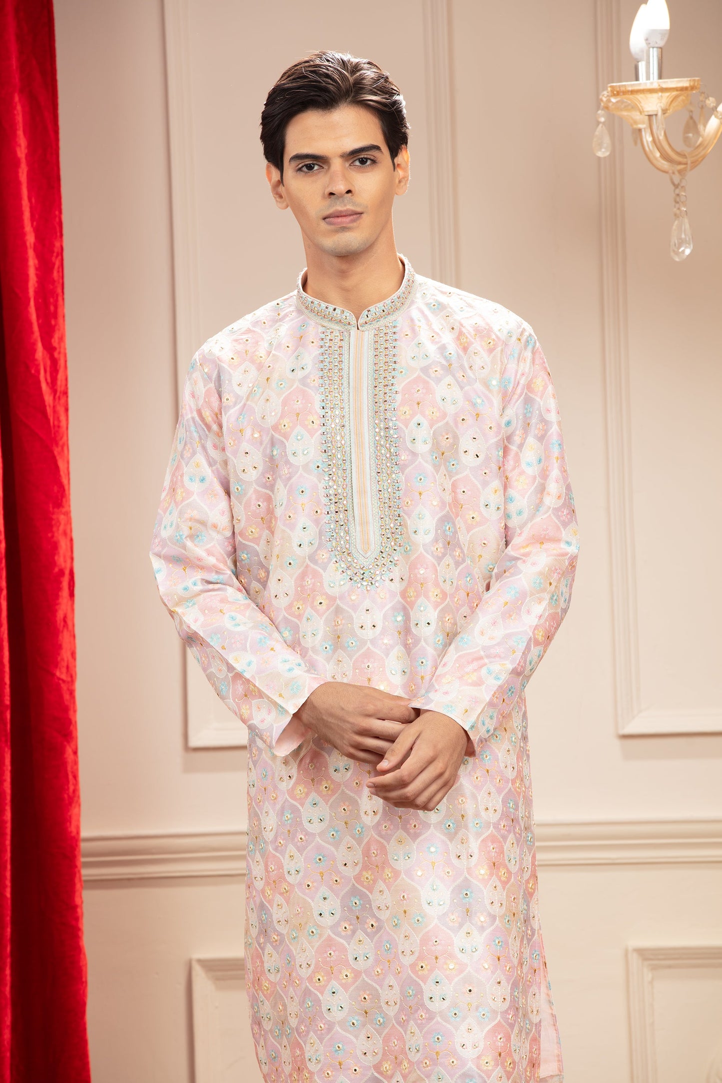Multicolour kurta pajama Set with hand embroidery on neck