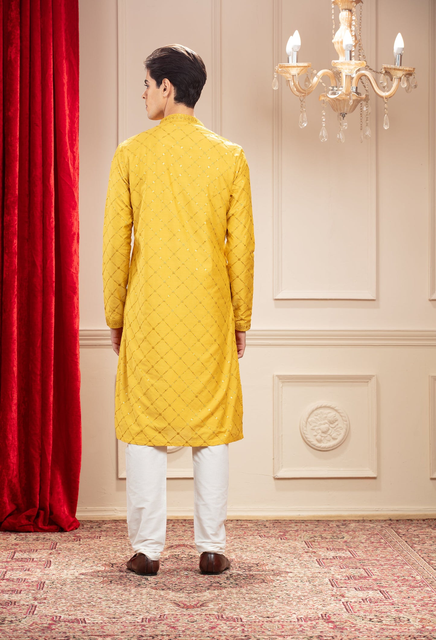 Golden Yellow kurta pajama set with mirror and sequins work in silk
