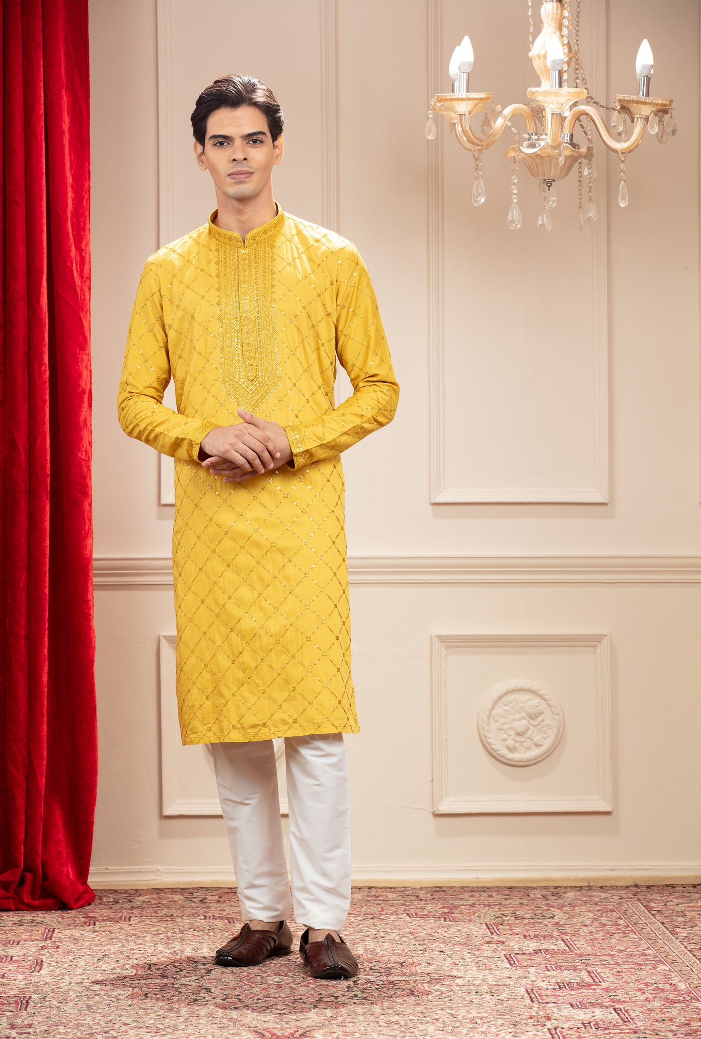 Golden Yellow kurta pajama set with mirror and sequins work in silk