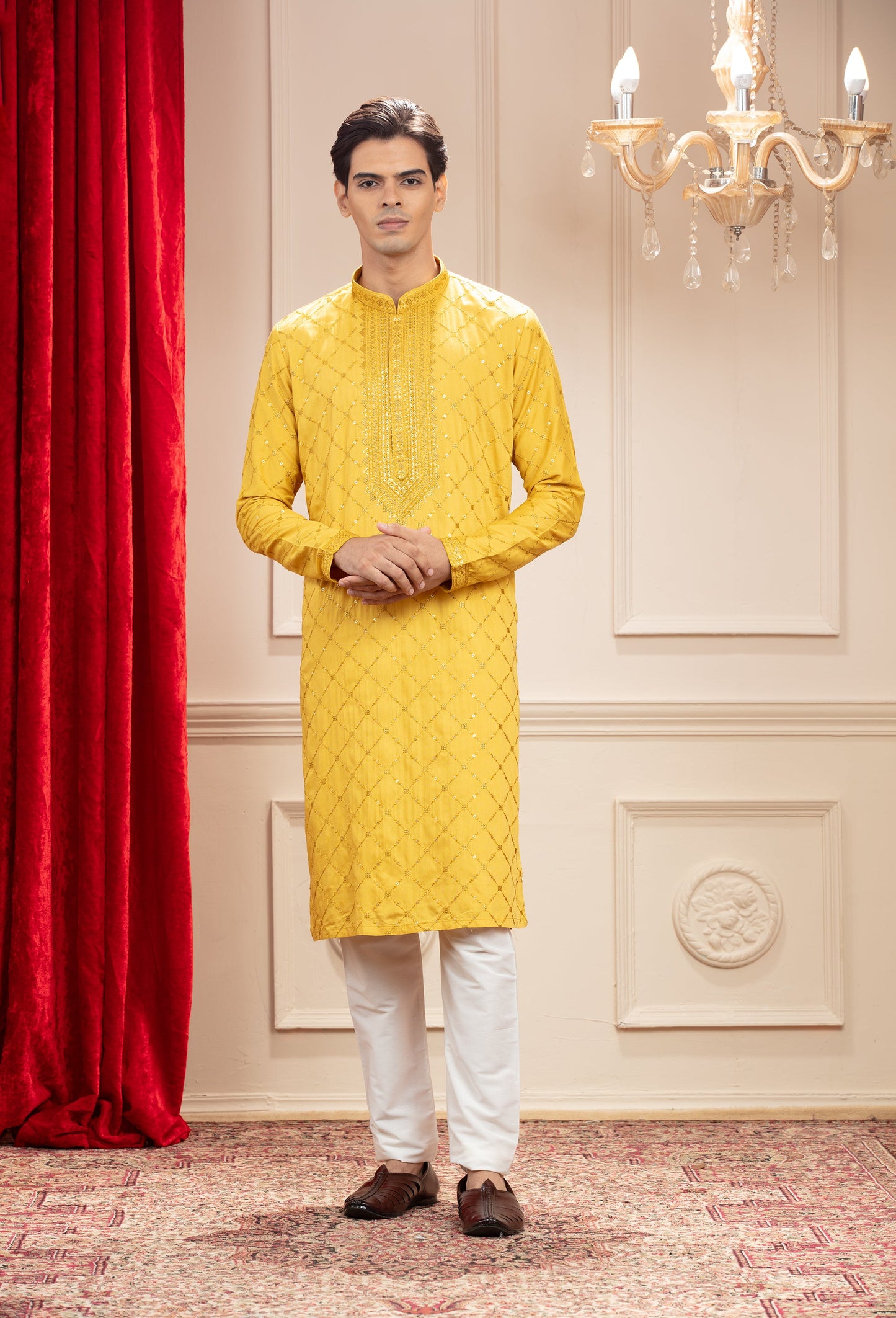 Golden Yellow kurta pajama set with mirror and sequins work in silk