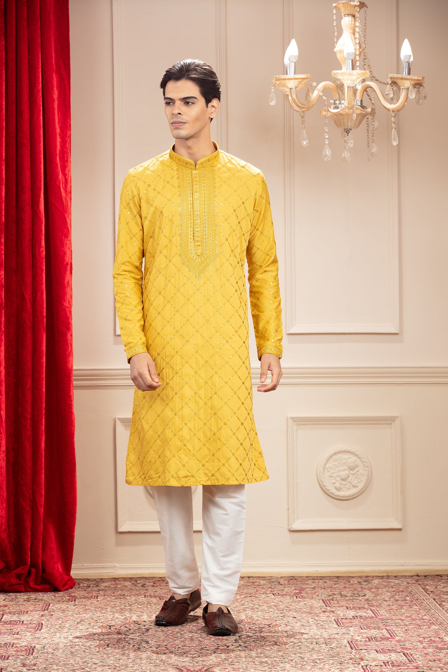 Golden Yellow kurta pajama set with mirror and sequins work in silk