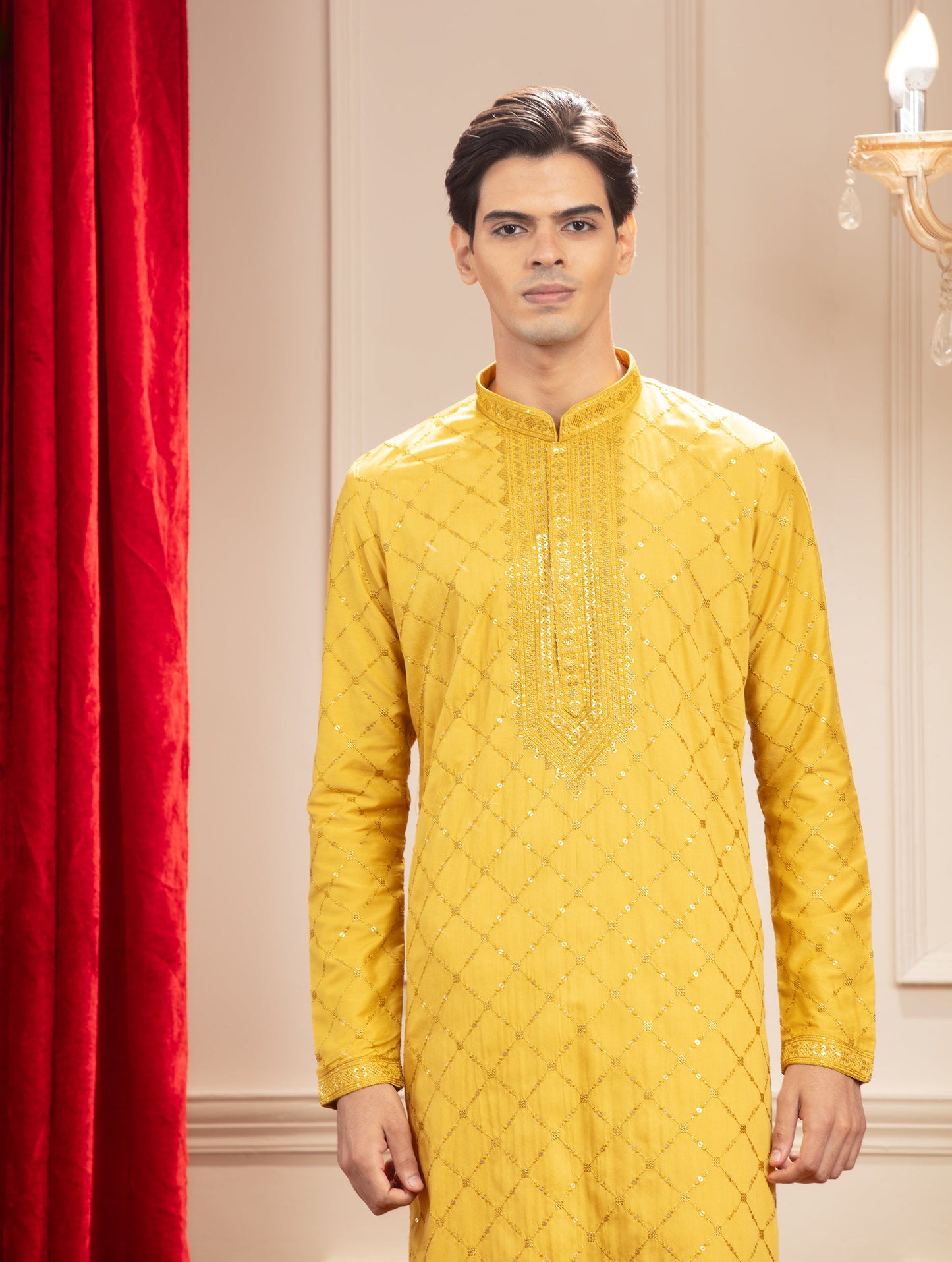 Golden Yellow kurta pajama set with mirror and sequins work in silk