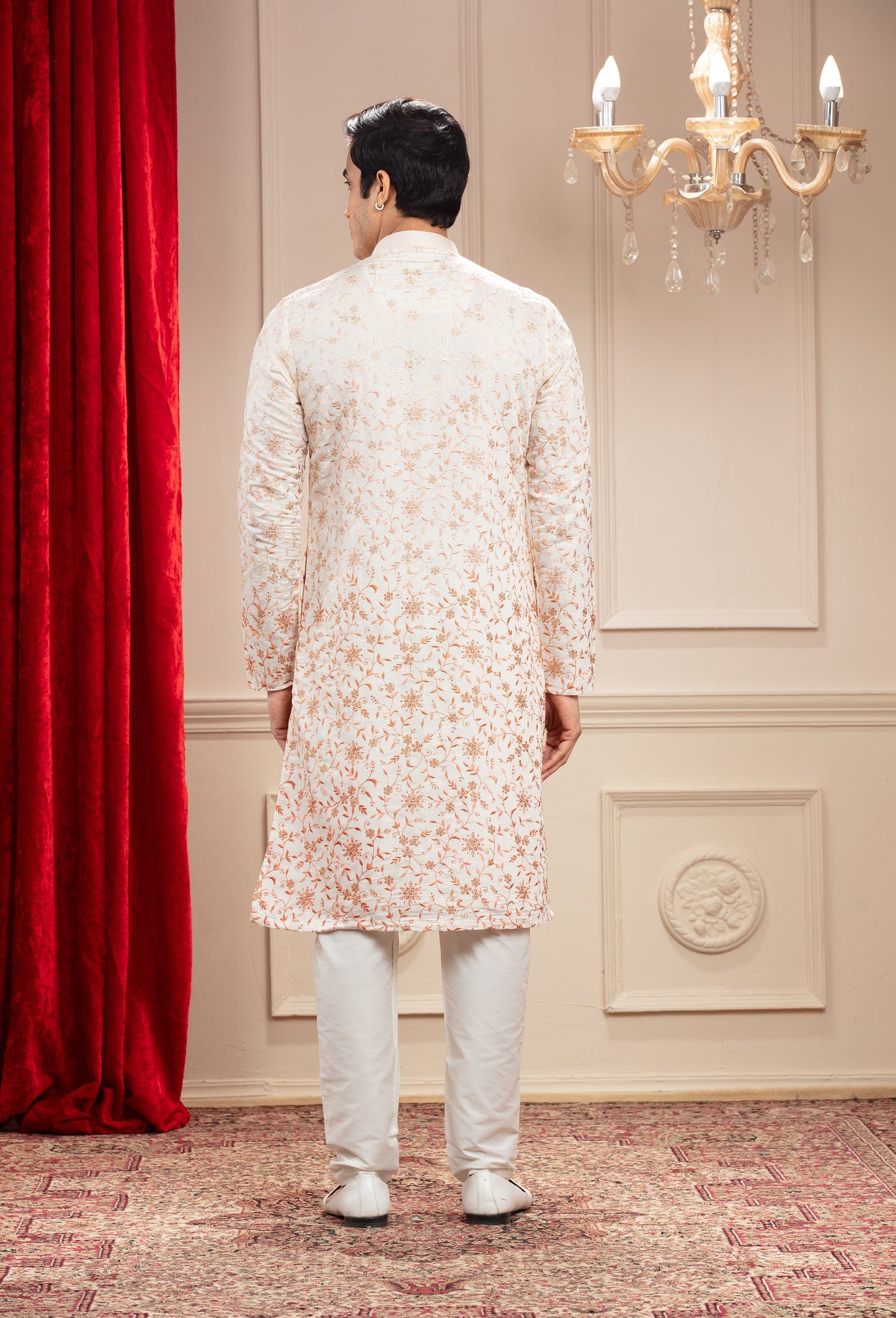 Off-White kurta with all over floral resham work and white pajama set in silk