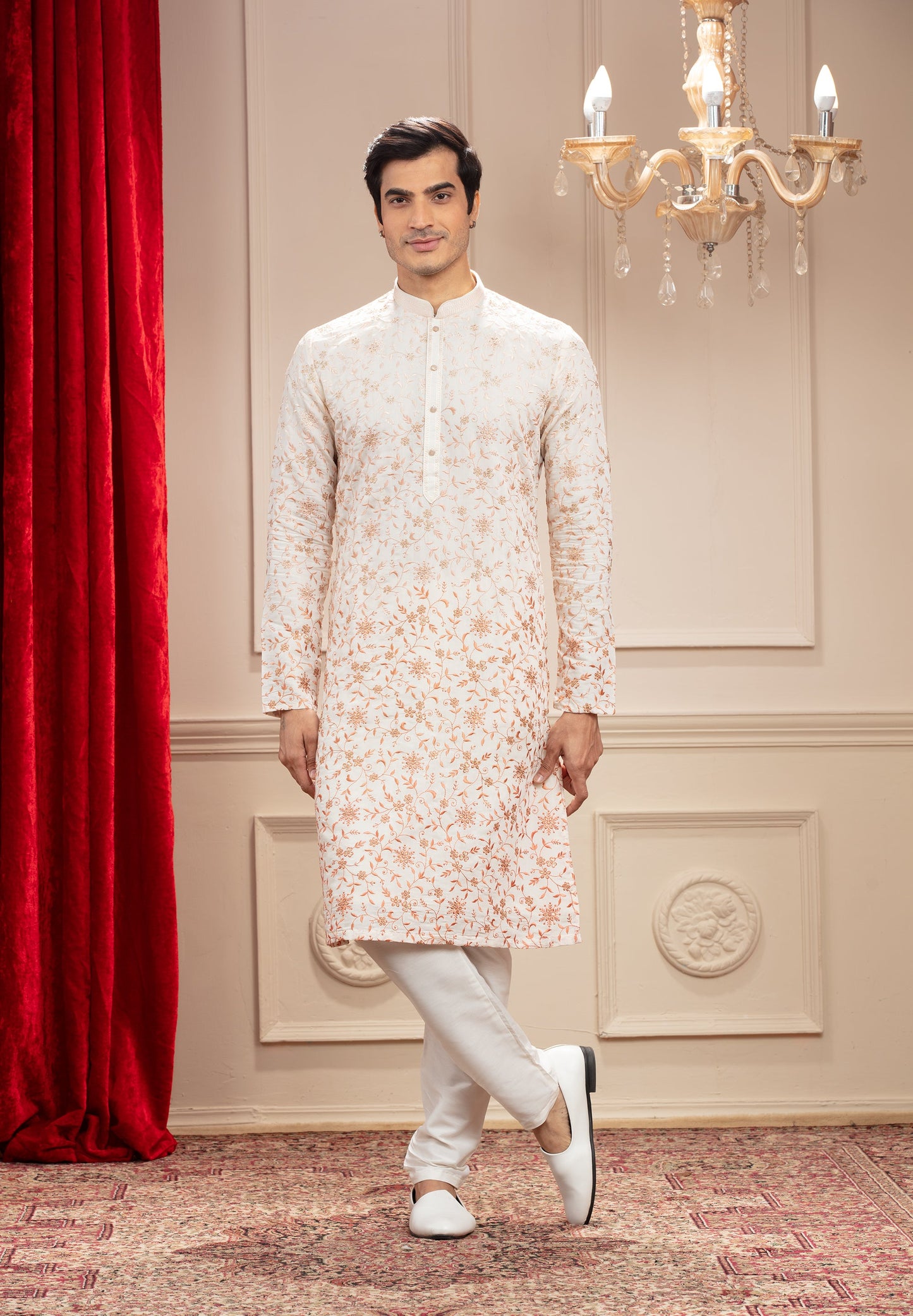 Off-White kurta with all over floral resham work and white pajama set in silk