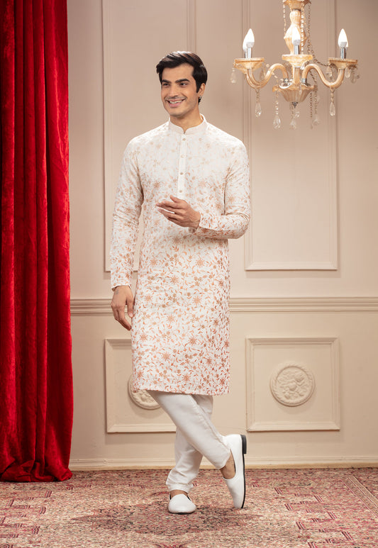 Off-White kurta with all over floral resham work and white pajama set in silk