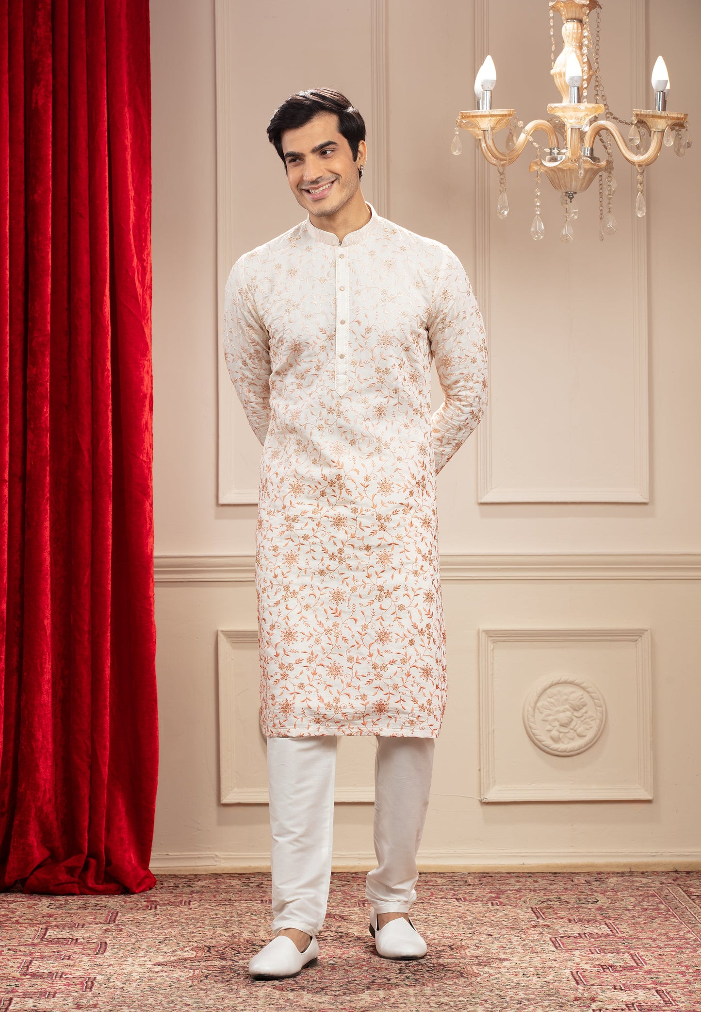 Off-White kurta with all over floral resham work and white pajama set in silk