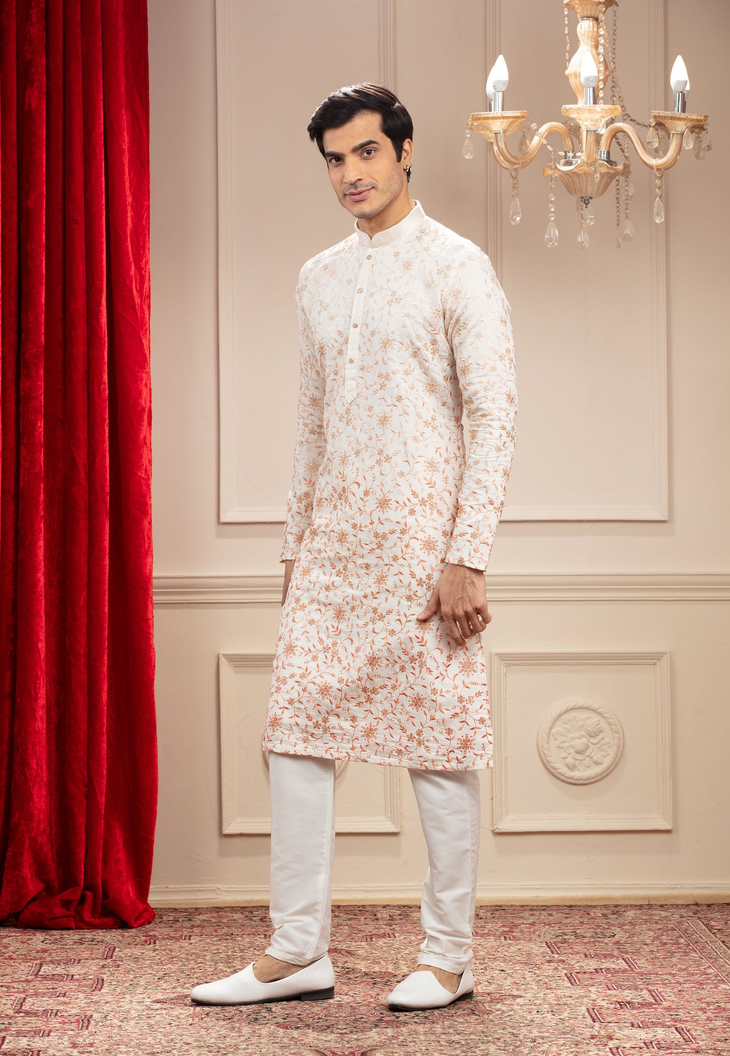 Off-White kurta with all over floral resham work and white pajama set in silk