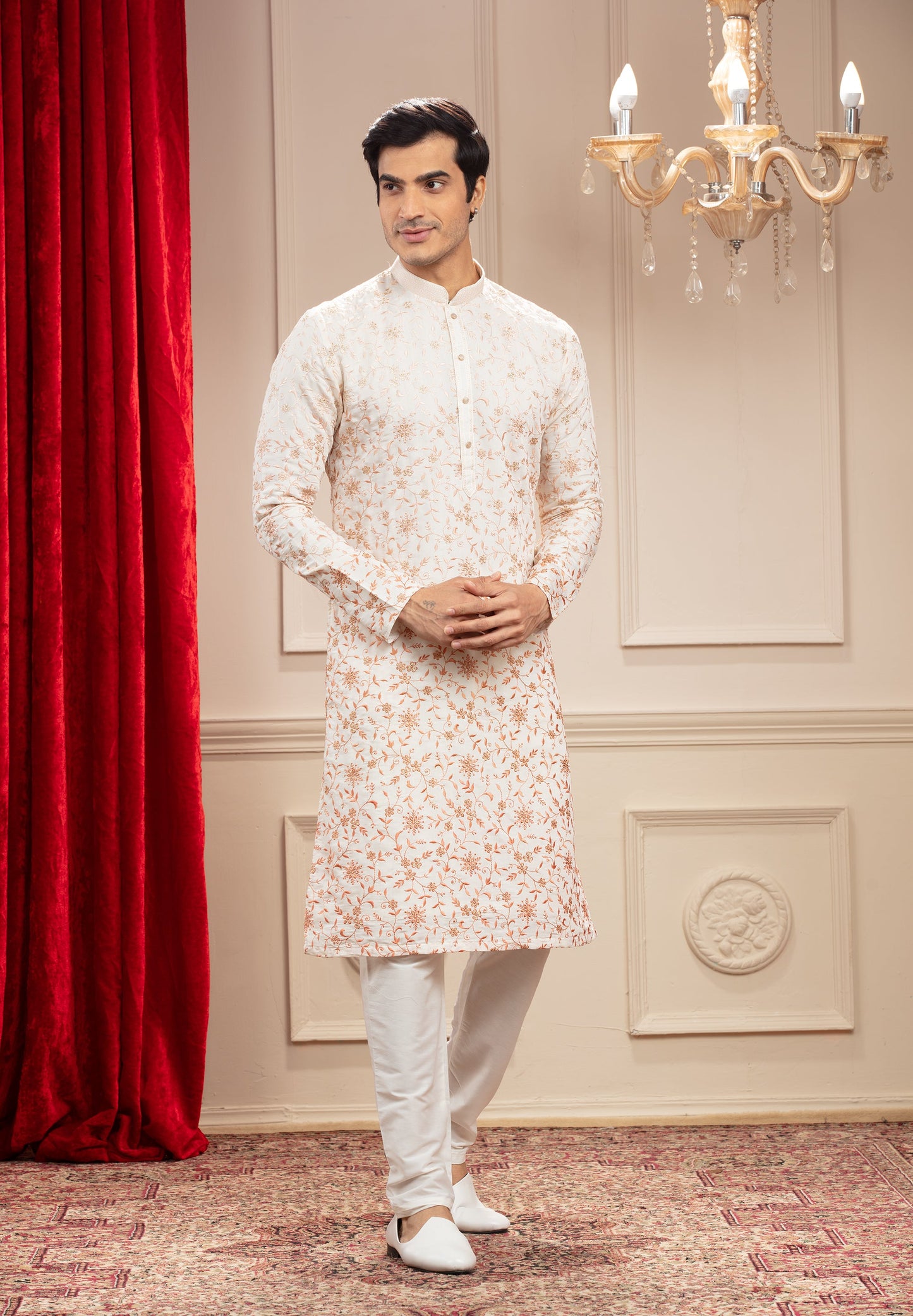 Off-White kurta with all over floral resham work and white pajama set in silk