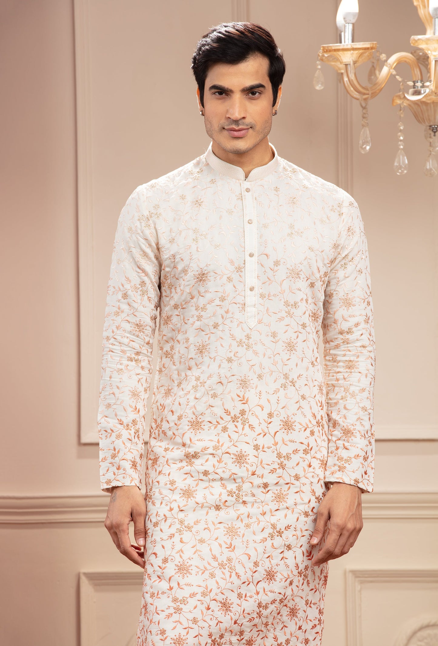 Off-White kurta with all over floral resham work and white pajama set in silk