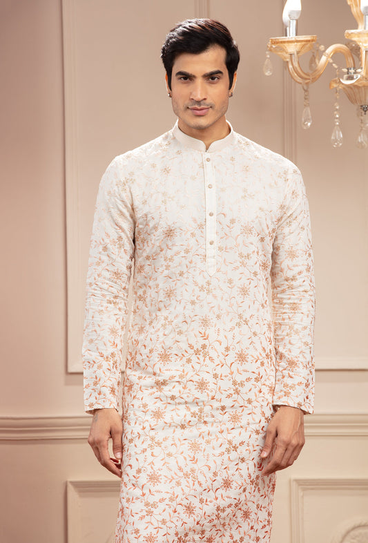 Off-White kurta with all over floral resham work and white pajama set in silk