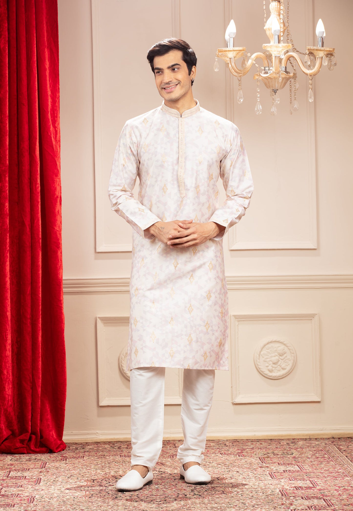 Rose White Printed Banarasi kurta pajama Set