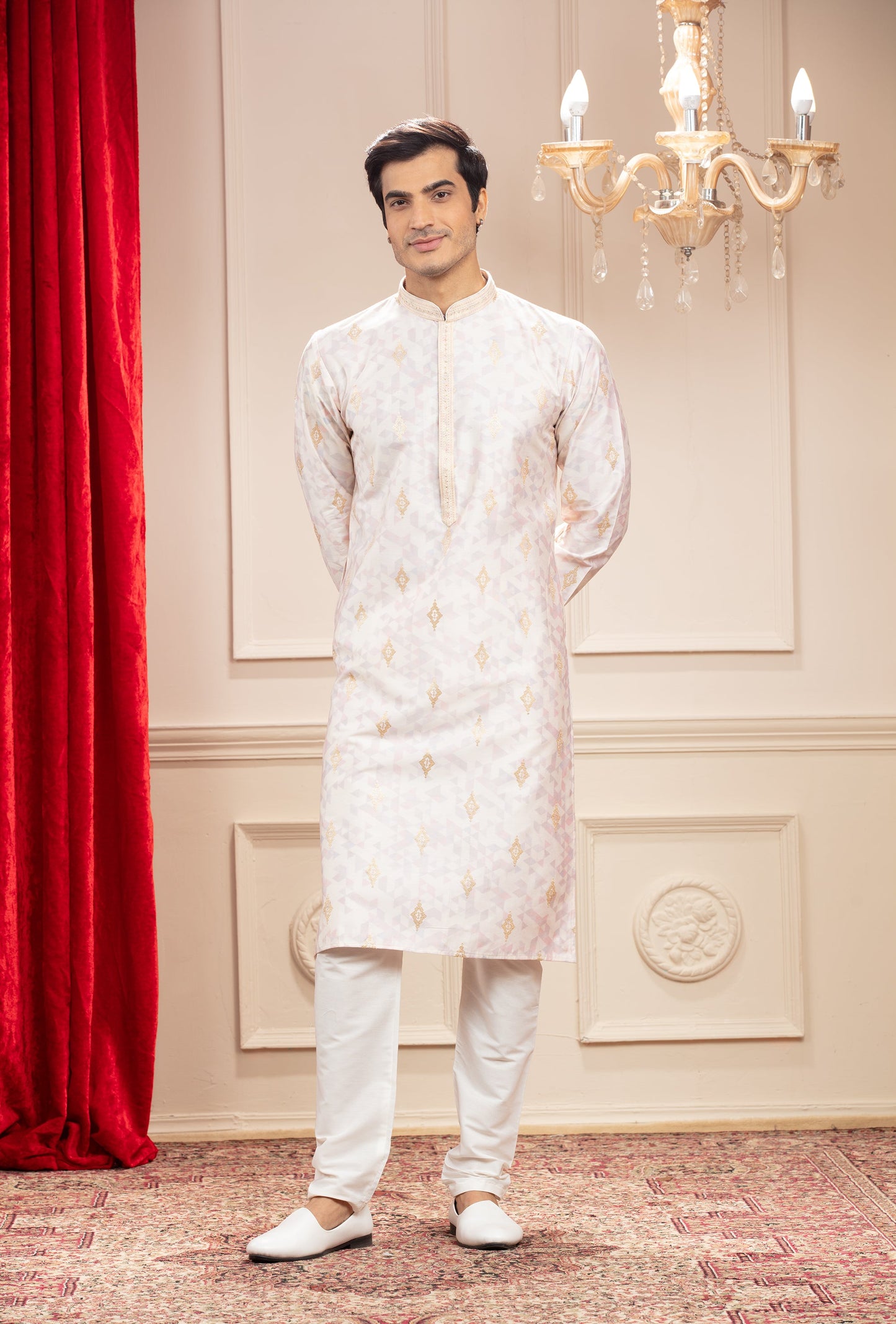 Rose White Printed Banarasi kurta pajama Set