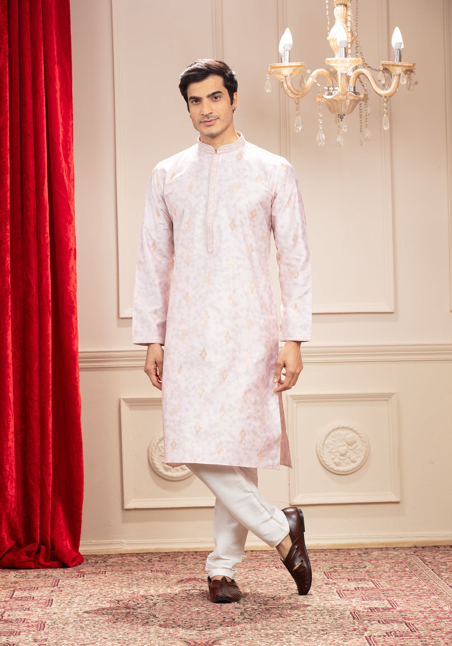 Rose White Printed Banarasi kurta pajama Set