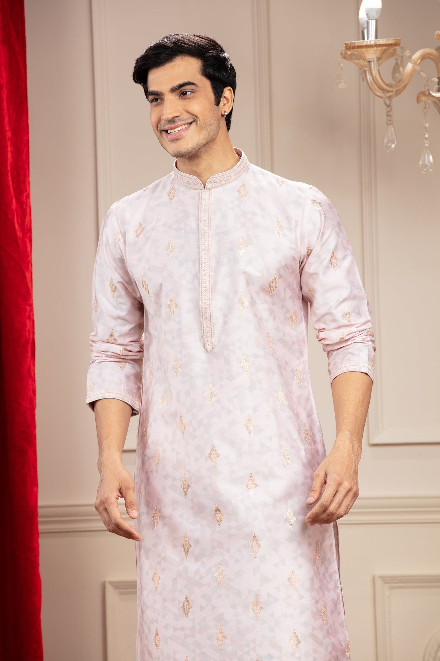 Rose White Printed Banarasi kurta pajama Set