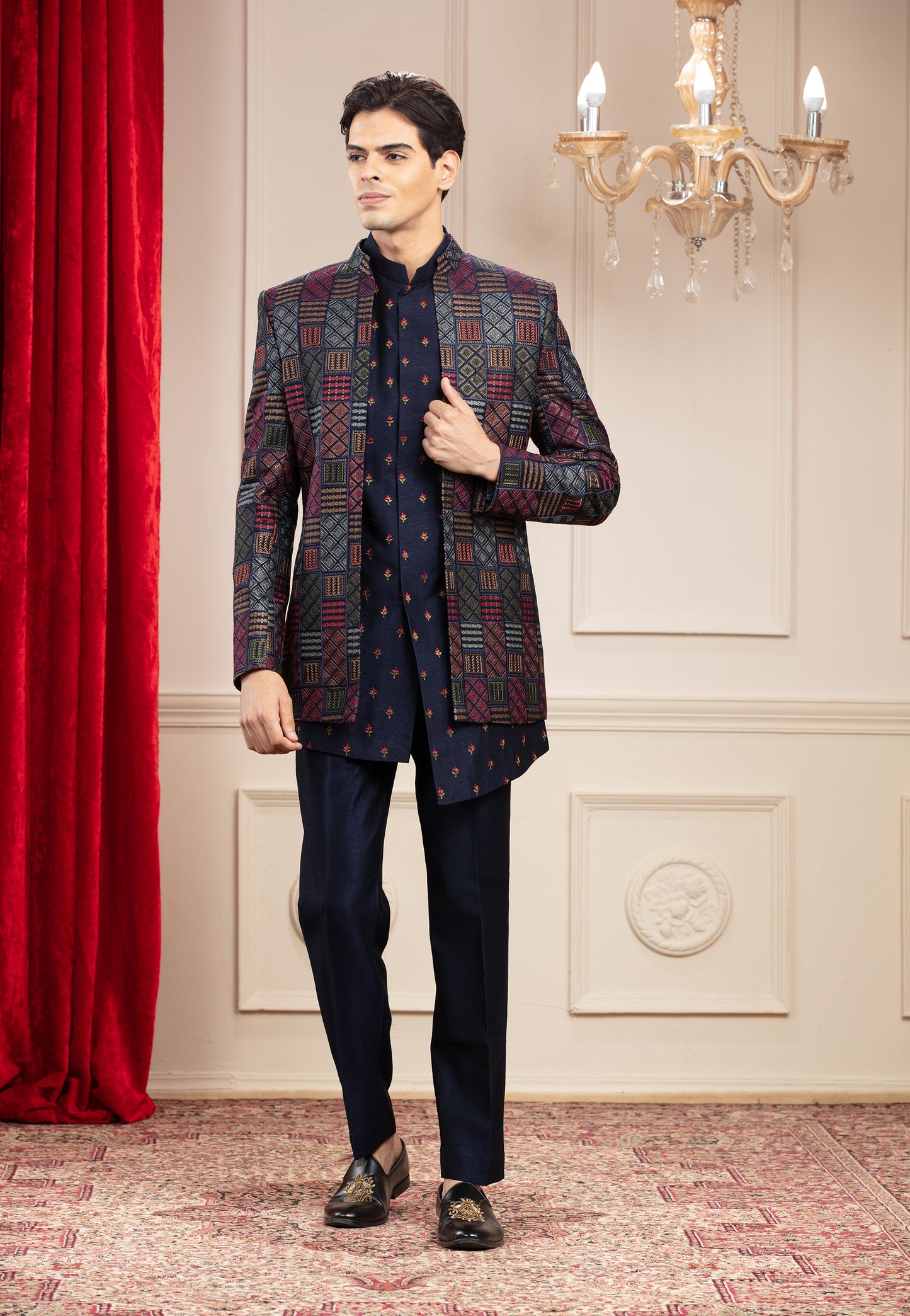 Multicolour Asymmetrical Open Jodhpuri with computer and resham embroidery