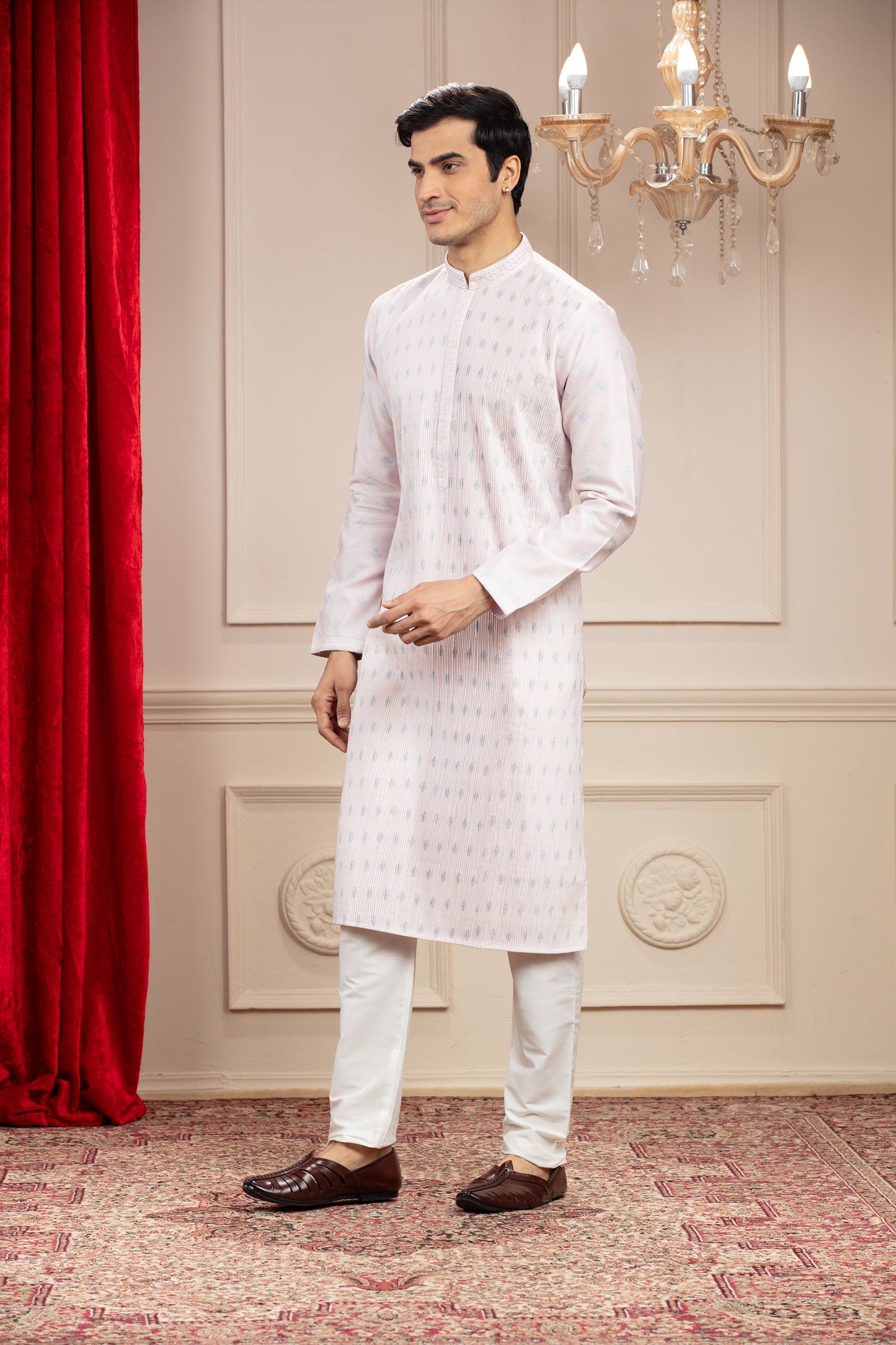 Rose White Pleating kurta with mirror work