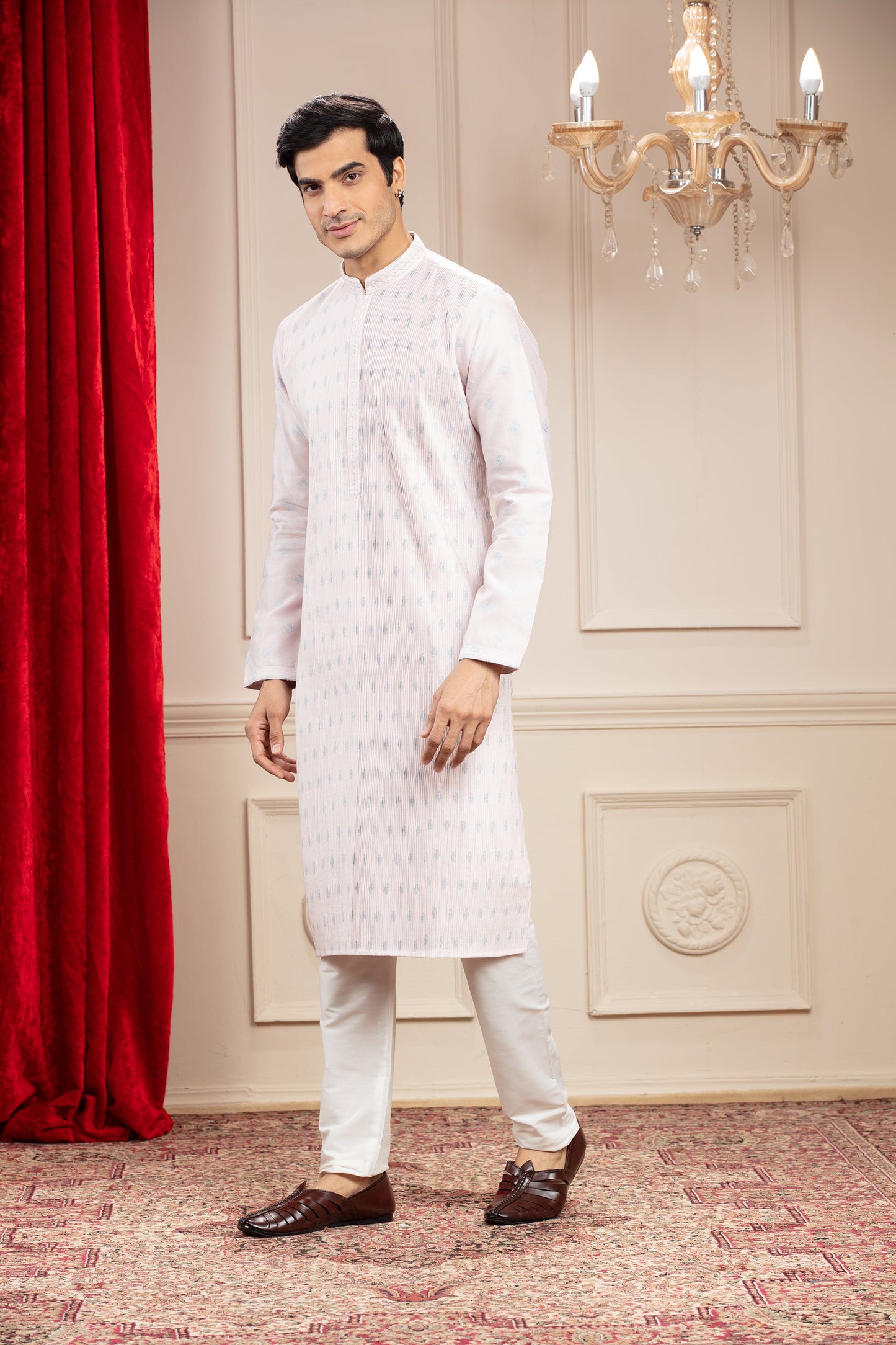 Rose White Pleating kurta with mirror work