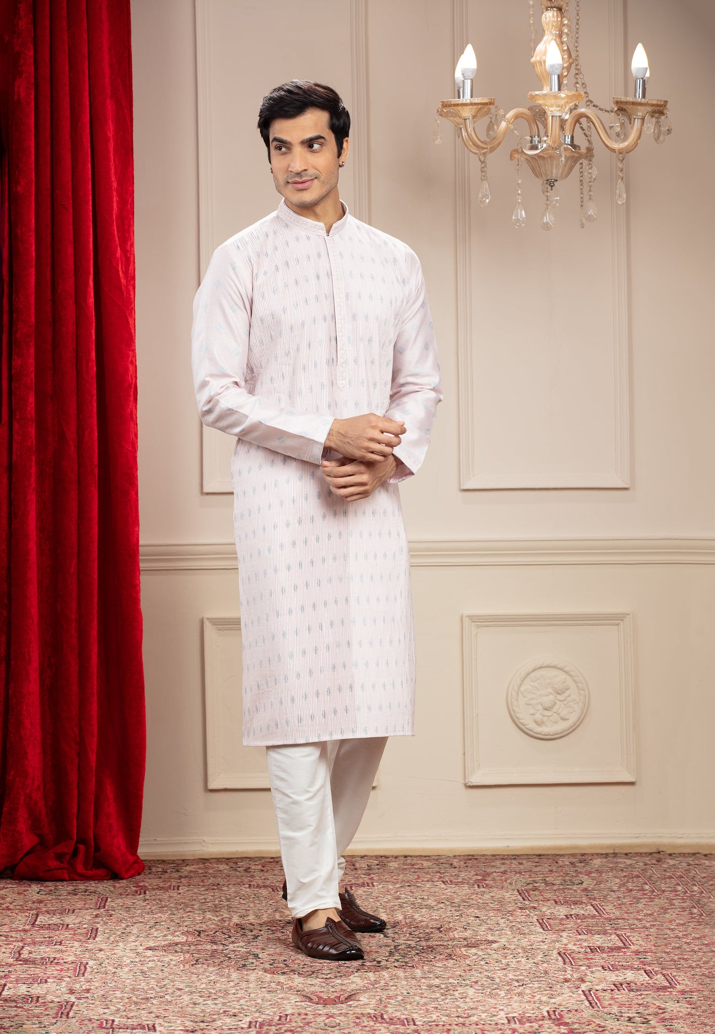 Rose White Pleating kurta with mirror work