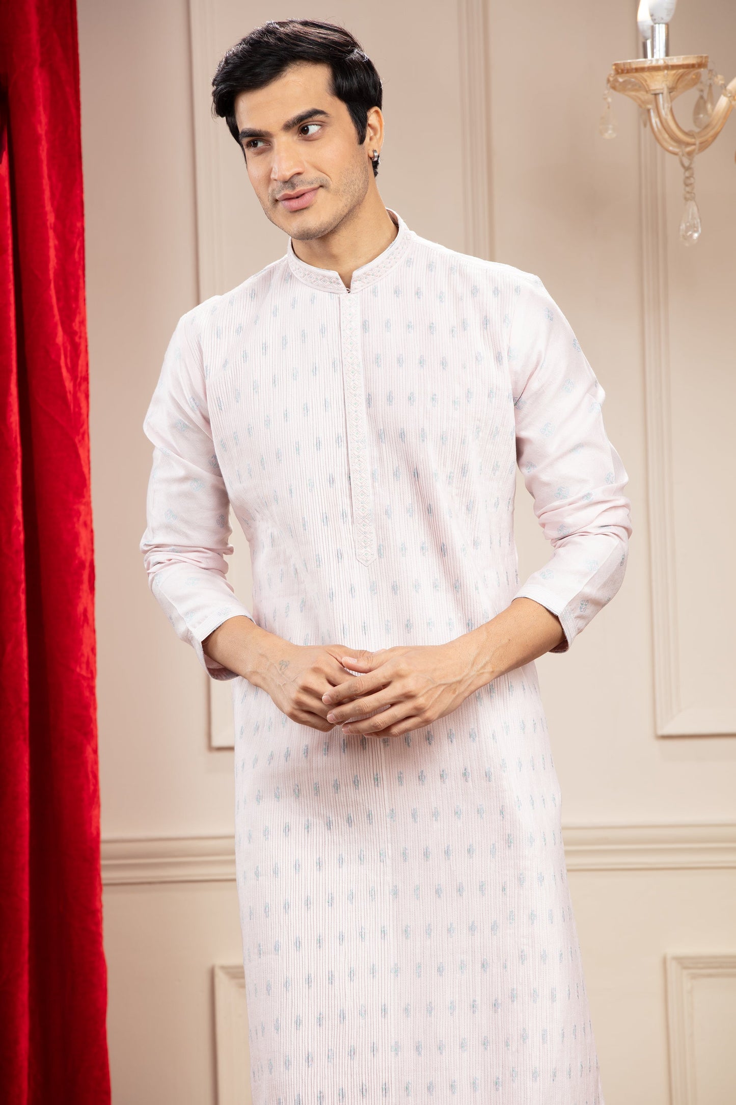 Rose White Pleating kurta with mirror work