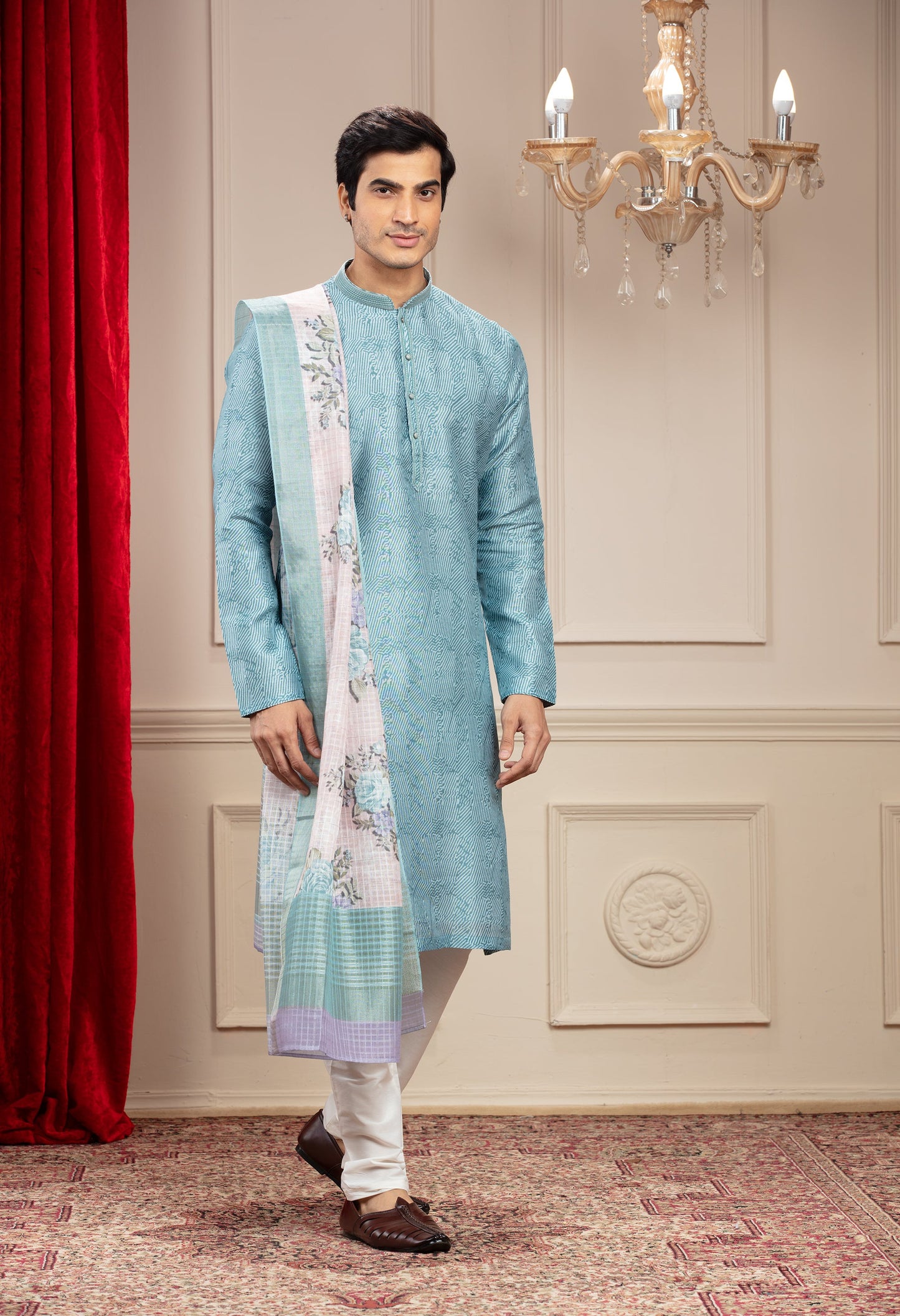 Ice Blue kurta with floral Dupatta and white trousers