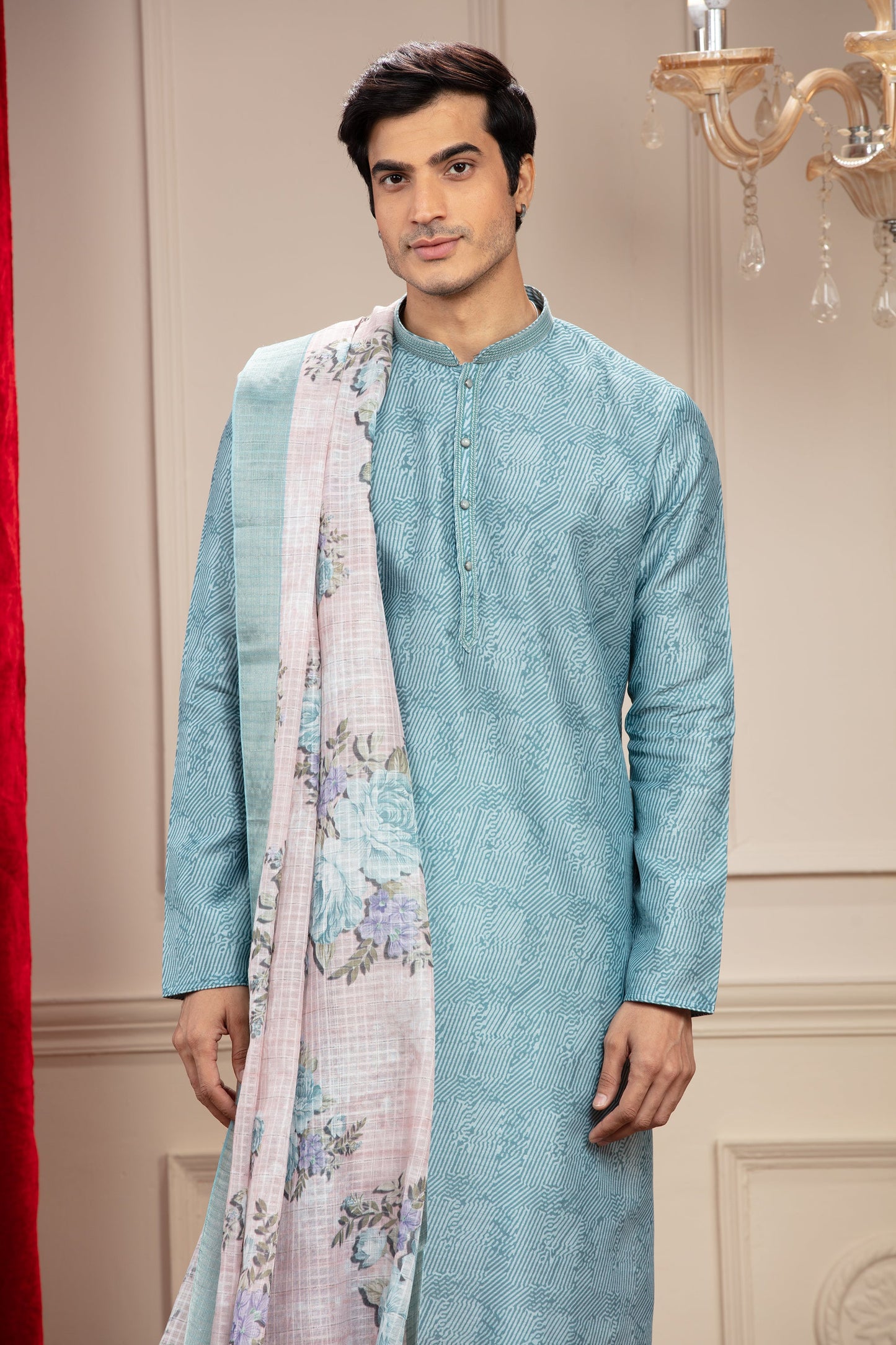 Ice Blue kurta with floral Dupatta and white trousers