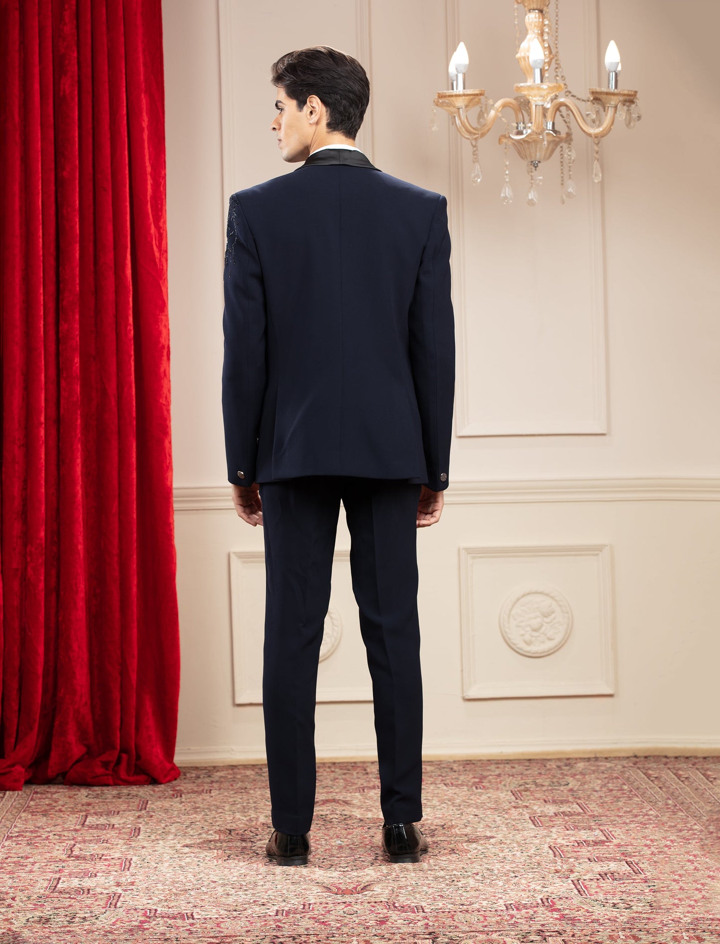 Midnight Blue Tuxedo with hand embroidery and bow tie