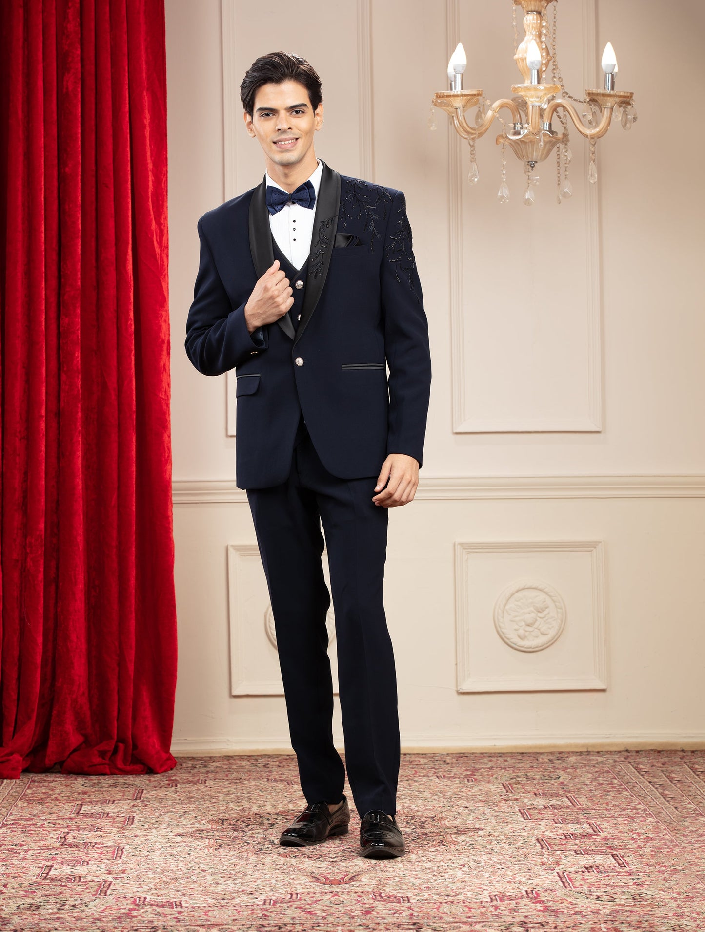 Midnight Blue Tuxedo with hand embroidery and bow tie