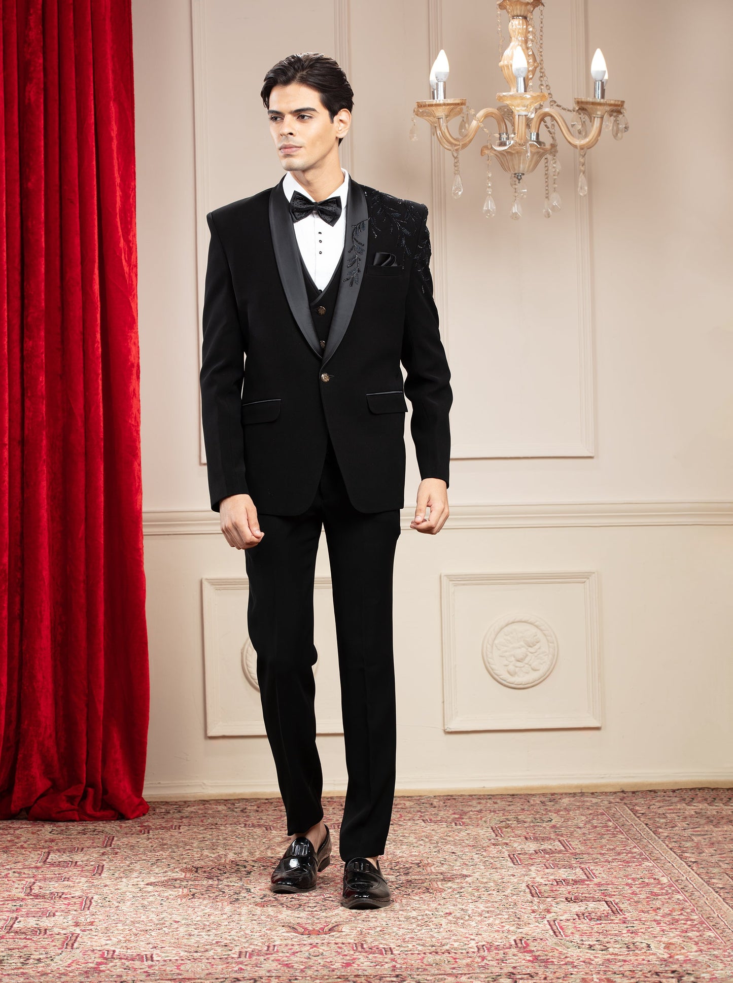 Jet Black Tuxedo with hand embroidery and bow tie