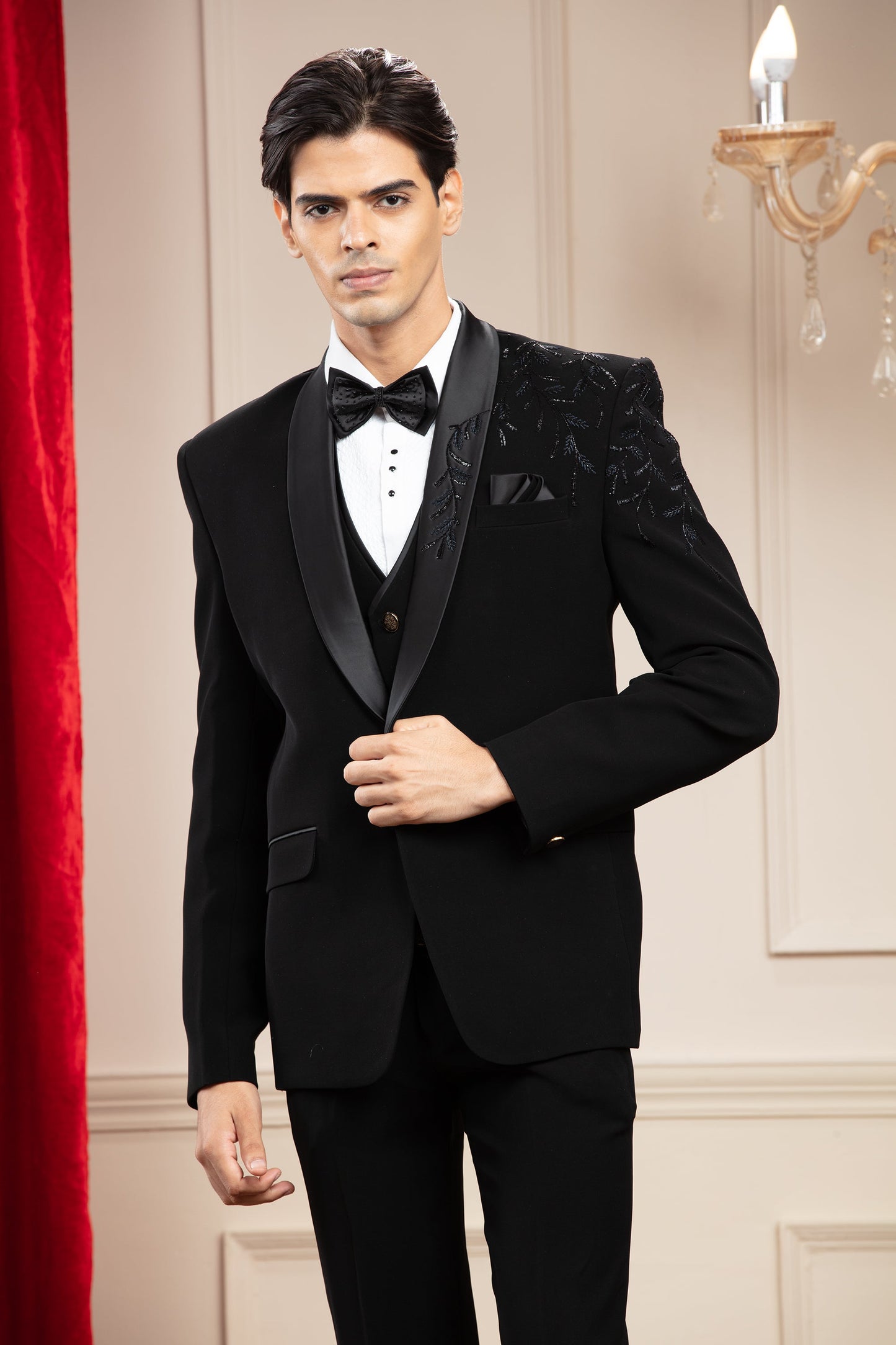 Jet Black Tuxedo with hand embroidery and bow tie