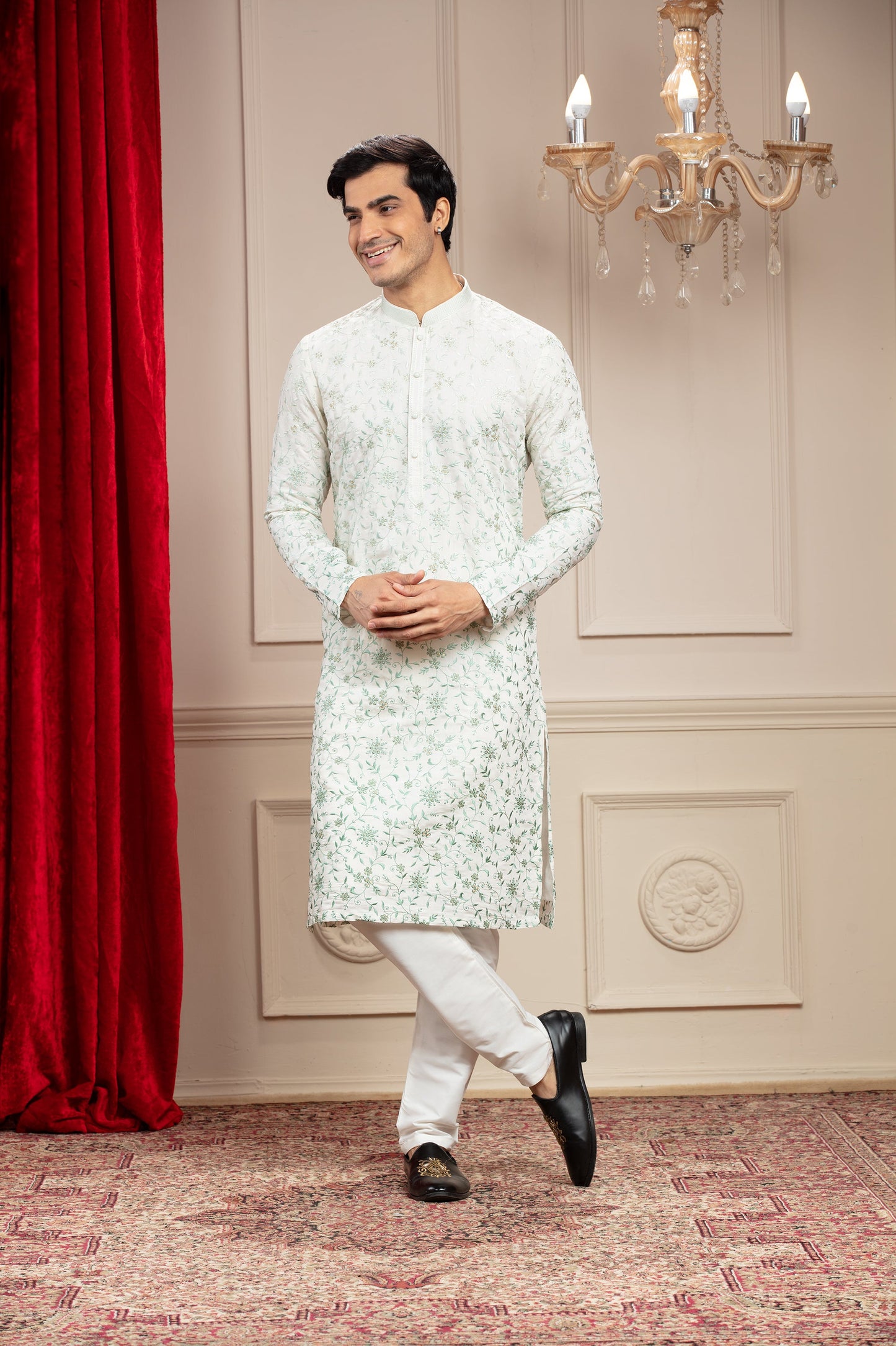 Alabaster white kurta pajama set with all over resham work