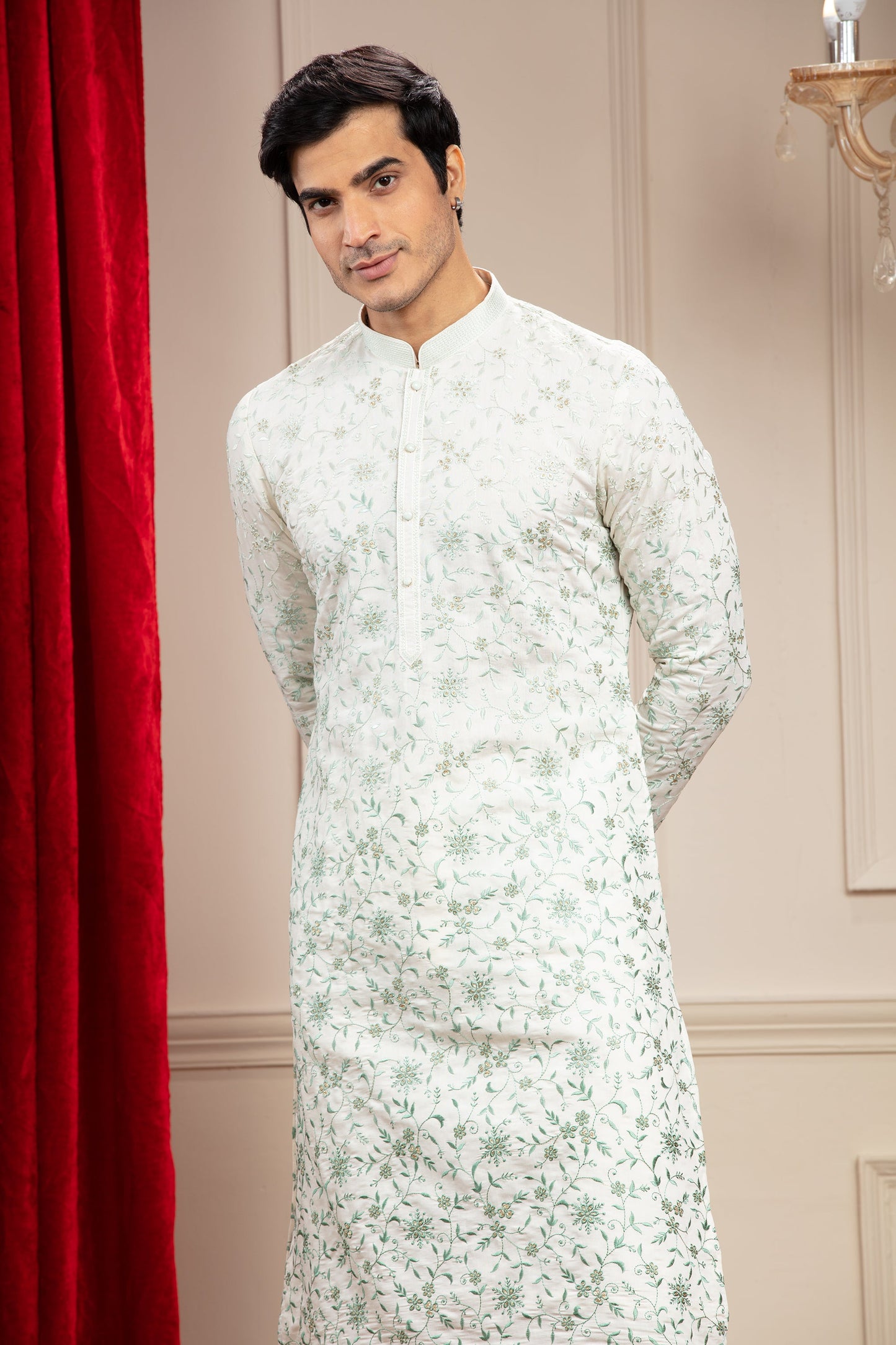 Alabaster white kurta pajama set with all over resham work