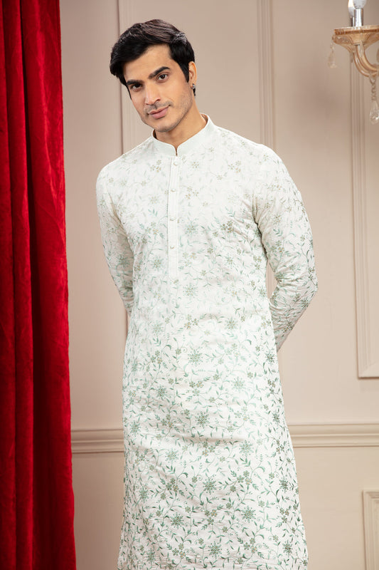 Alabaster white kurta pajama set with all over resham work