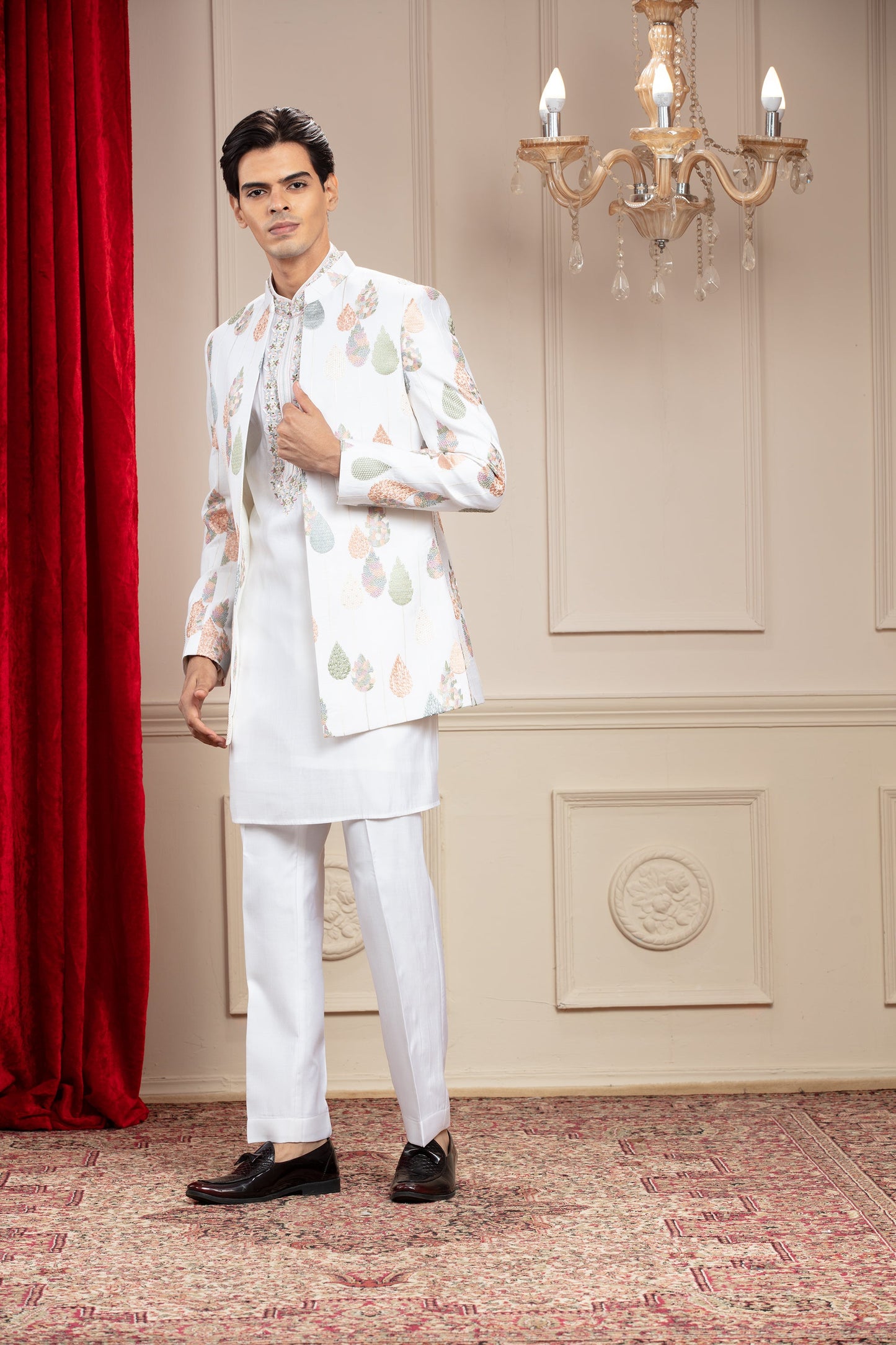 Milky White Open Jodhpuri Set with Resham and Computer Embroidery