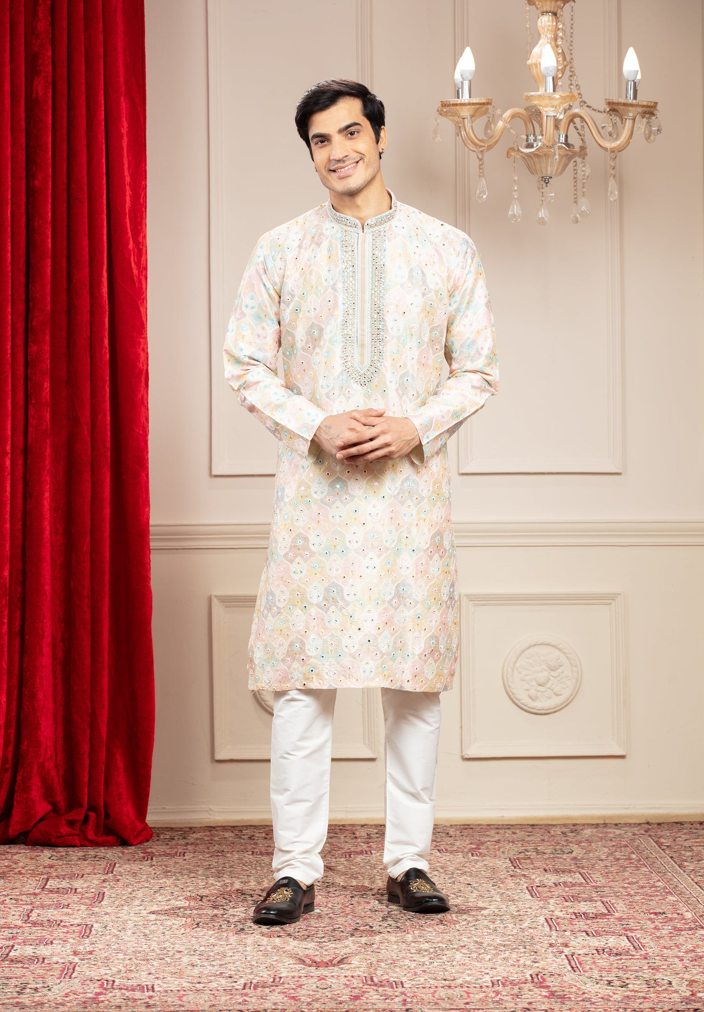 Multicoloured Banarasi kurta pajama with position print and mirror work