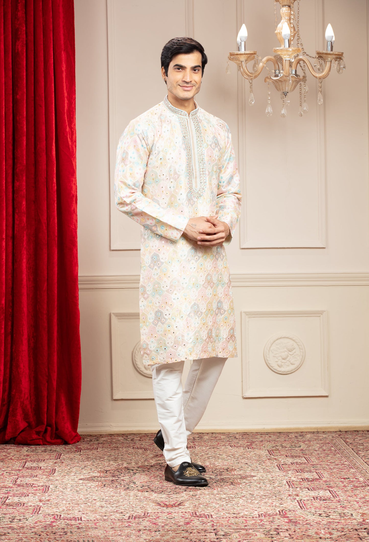 Multicoloured Banarasi kurta pajama with position print and mirror work