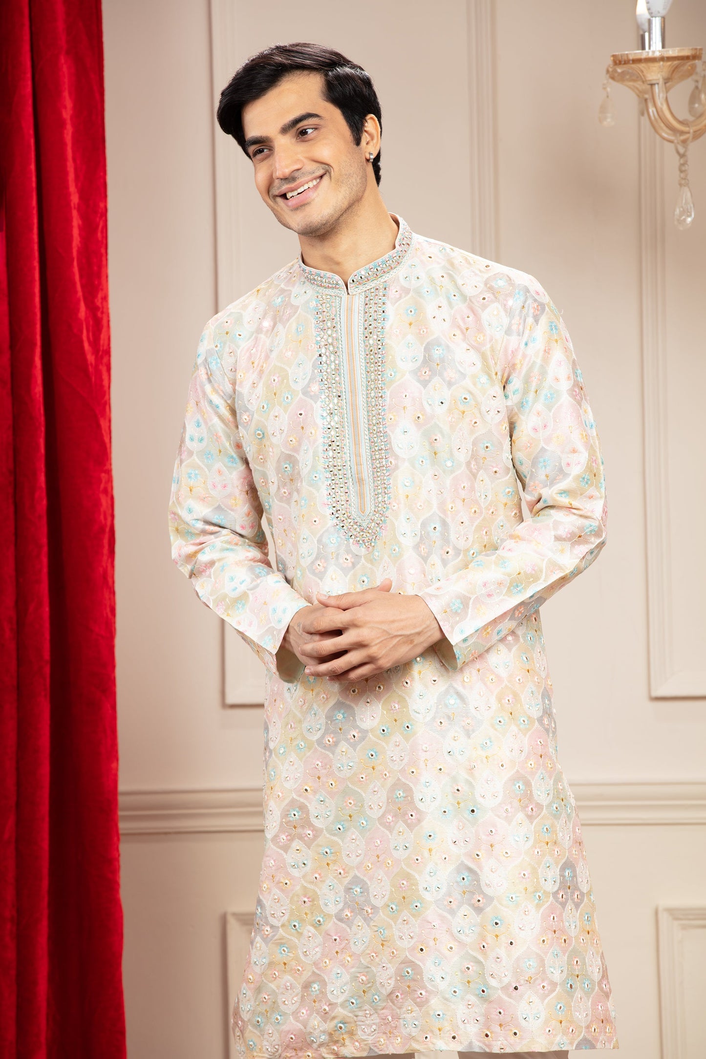 Multicoloured Banarasi kurta pajama with position print and mirror