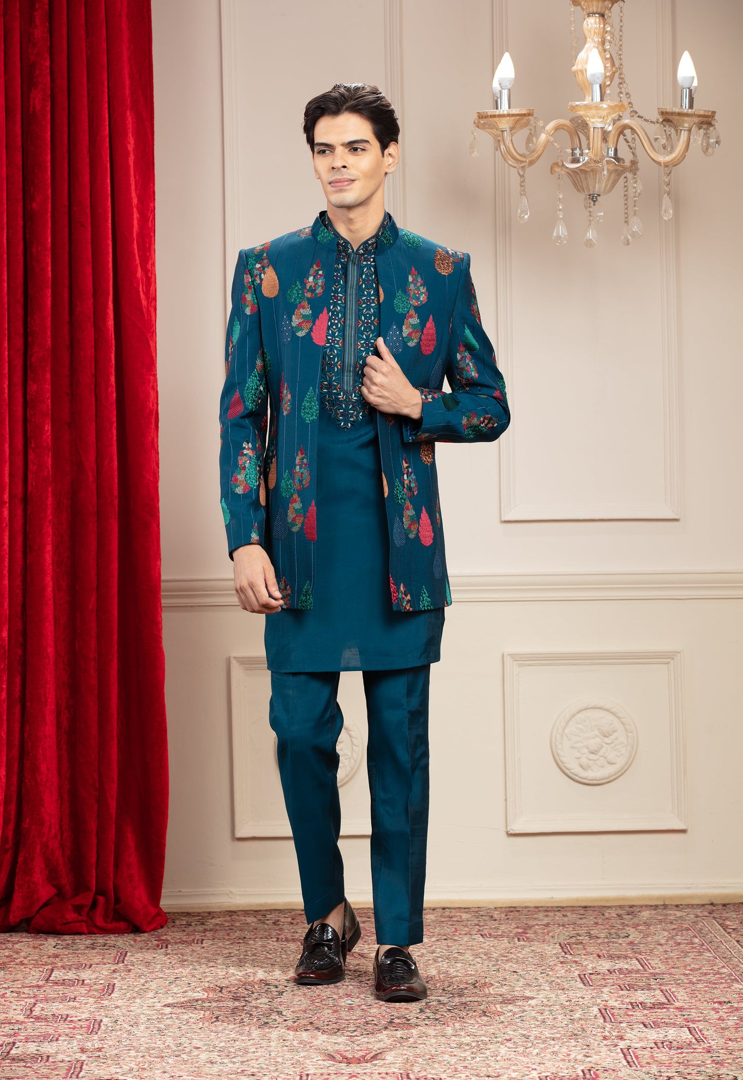 Prussian Blue Open Jodhpuri Set with Resham and Computer Embroidery