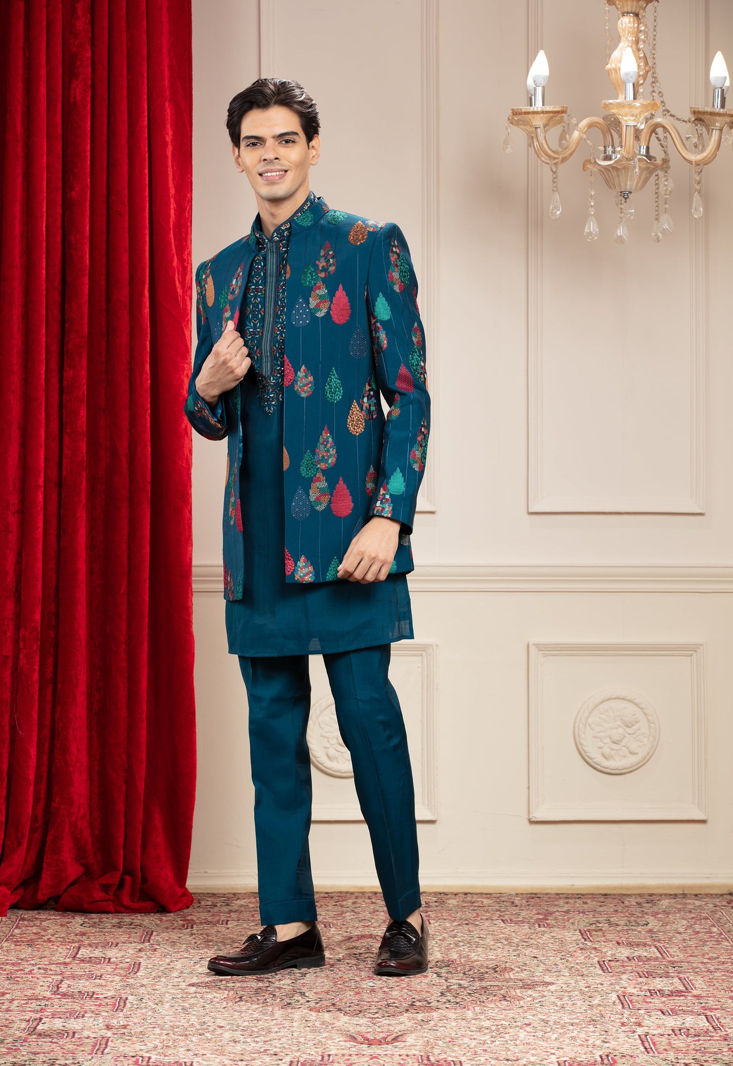 Prussian Blue Open Jodhpuri Set with Resham and Computer Embroidery