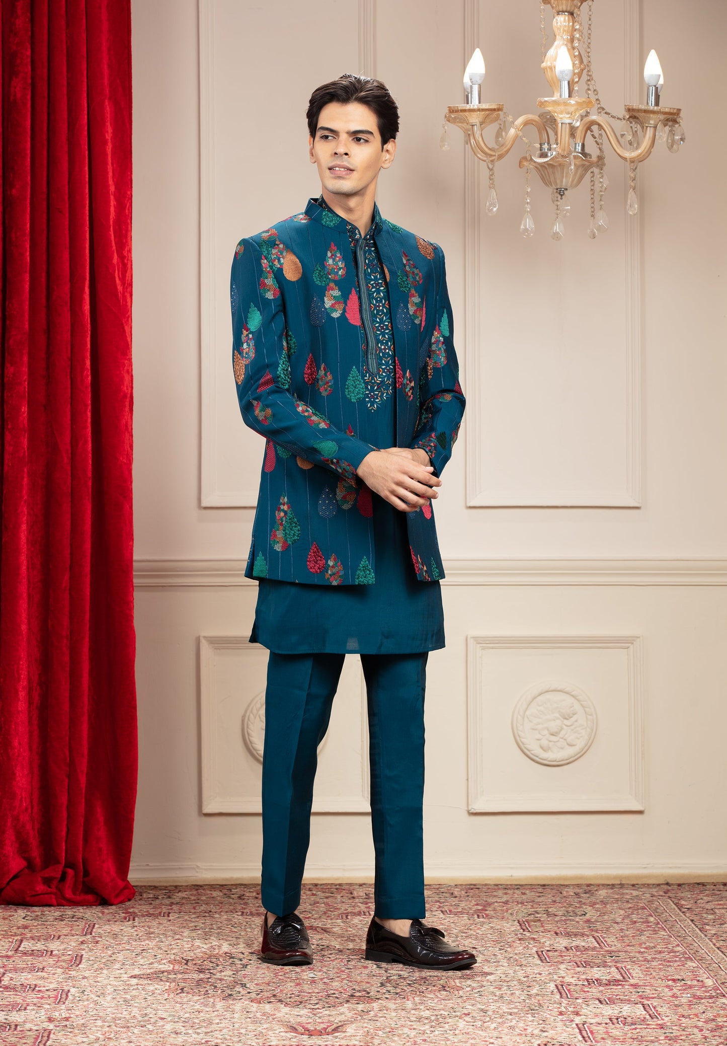 Prussian Blue Open Jodhpuri Set with Resham and Computer Embroidery