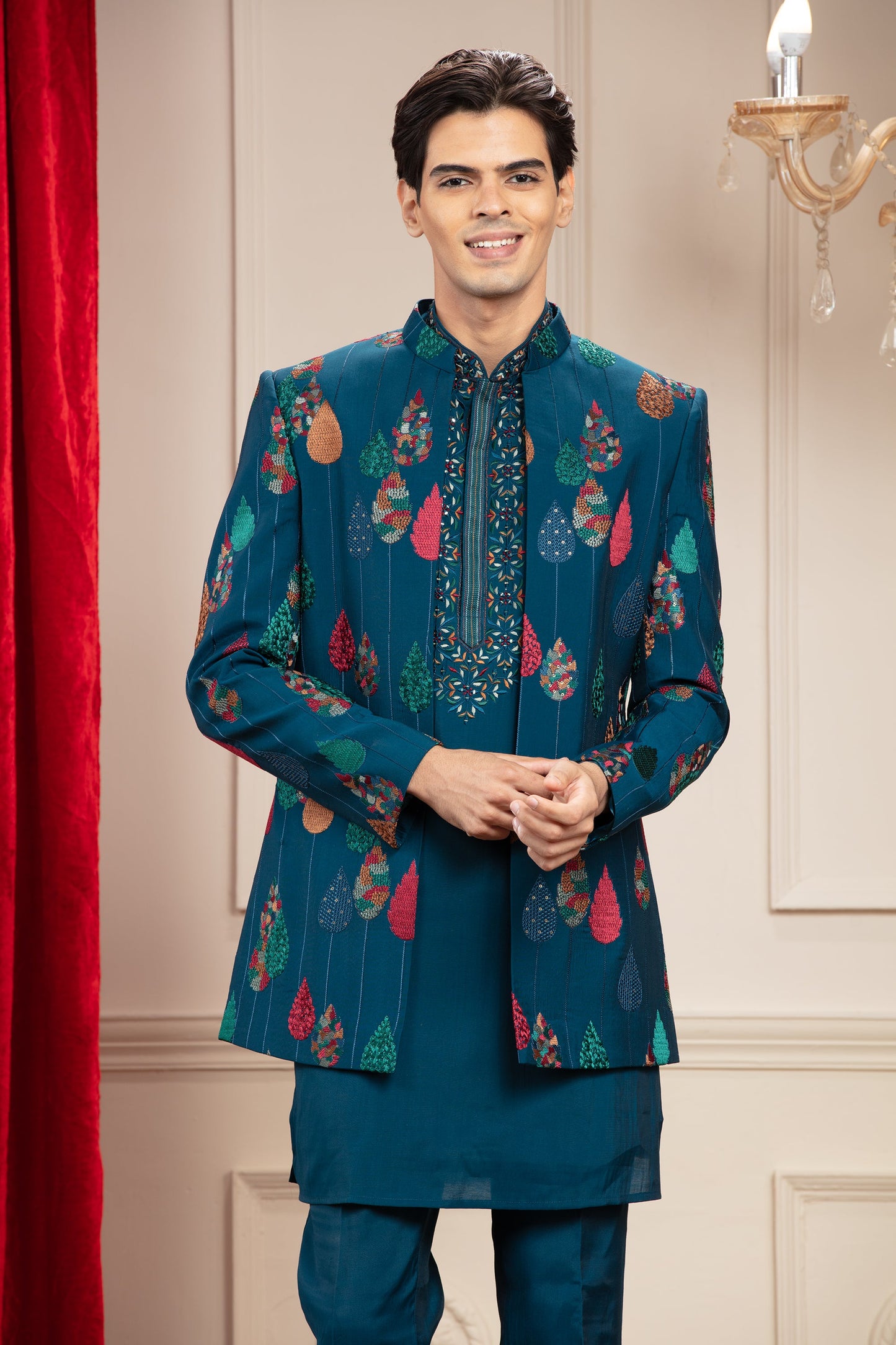 Prussian Blue Open Jodhpuri Set with Resham and Computer Embroidery