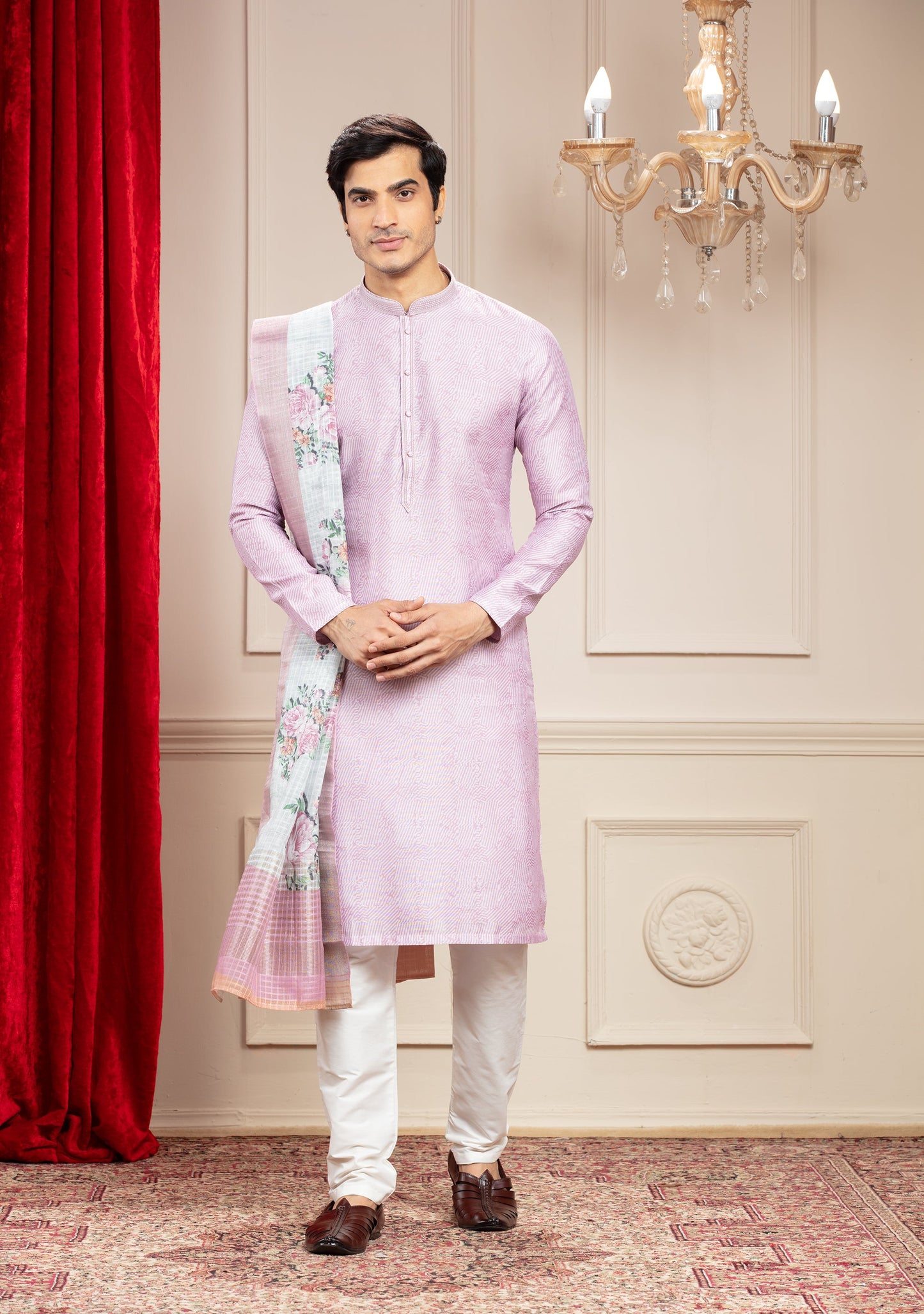 Lilac kurta with floral Dupatta and white trousers
